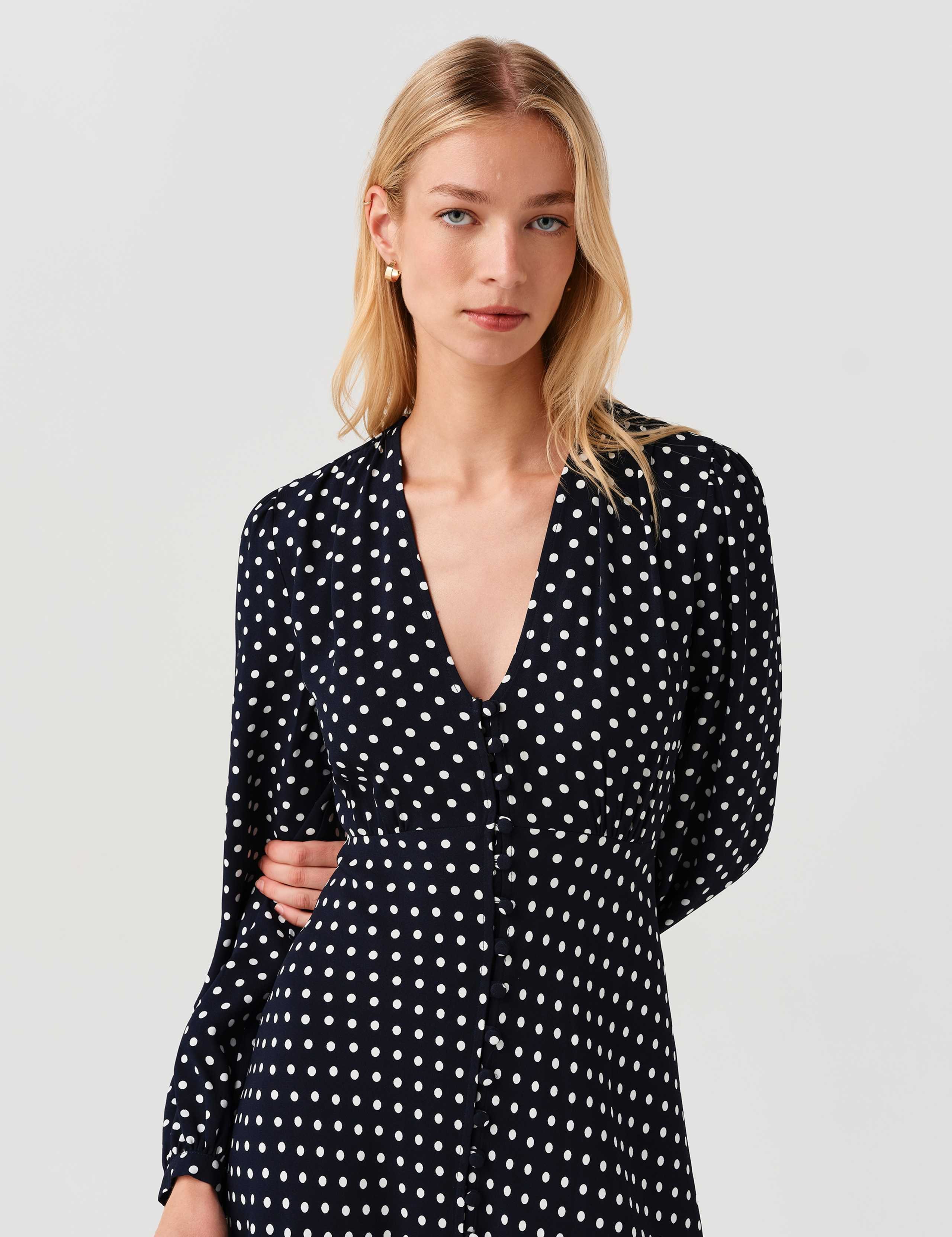 Crepe Polka Dot V-Neck Midi Waisted Dress 7 of 11