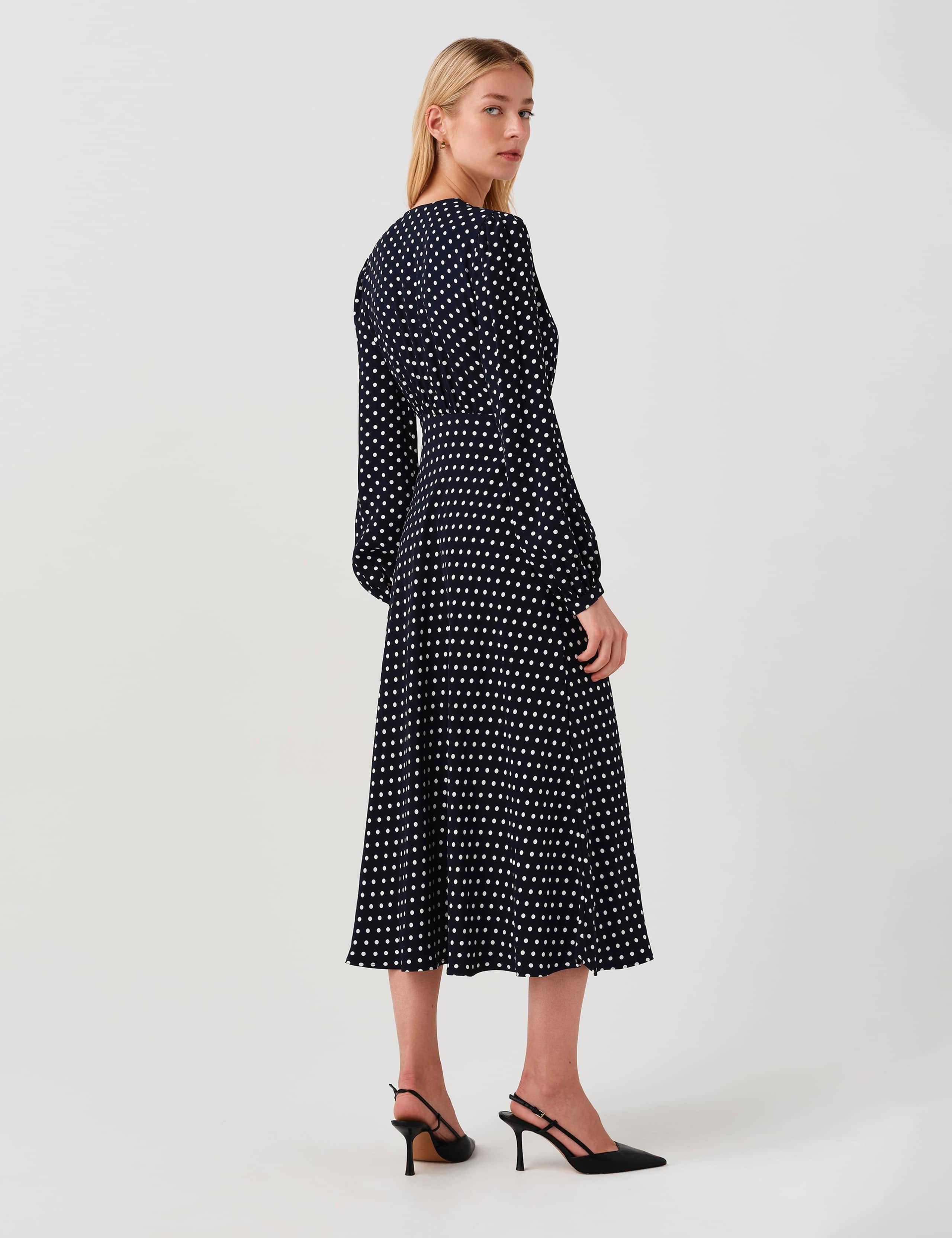 Crepe Polka Dot V-Neck Midi Waisted Dress 8 of 11
