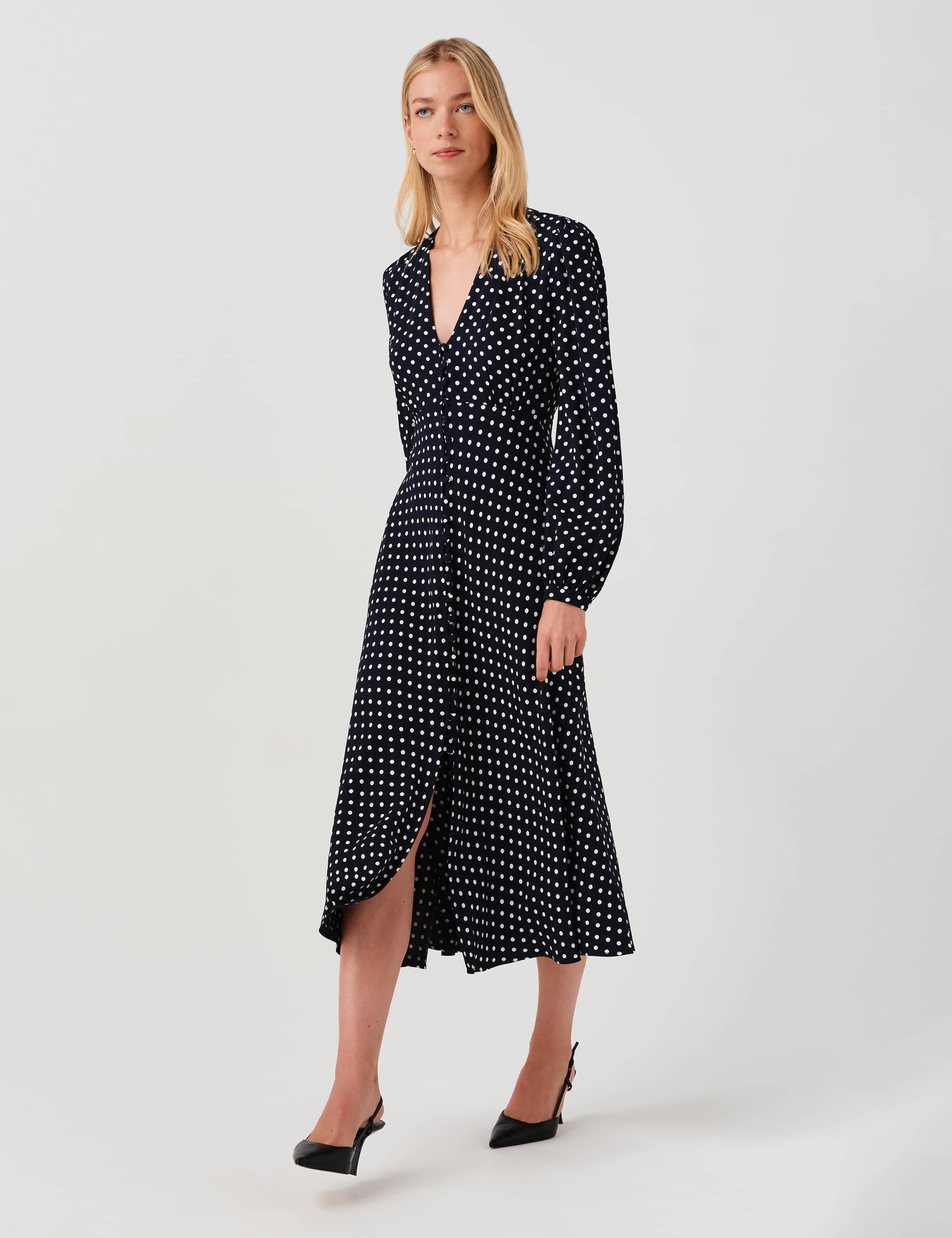 Crepe Polka Dot V-Neck Midi Waisted Dress 9 of 11