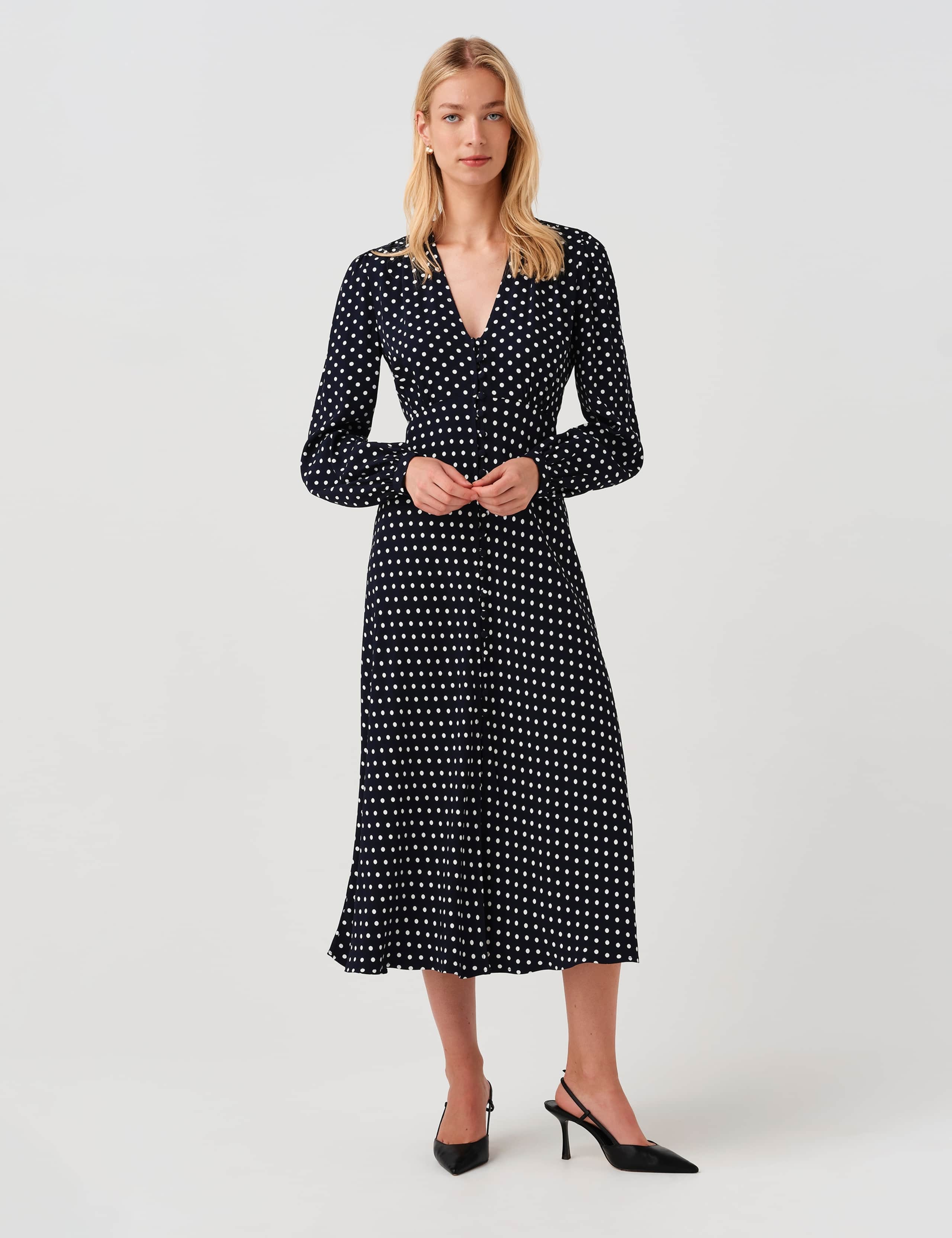 Crepe Polka Dot V-Neck Midi Waisted Dress 10 of 11