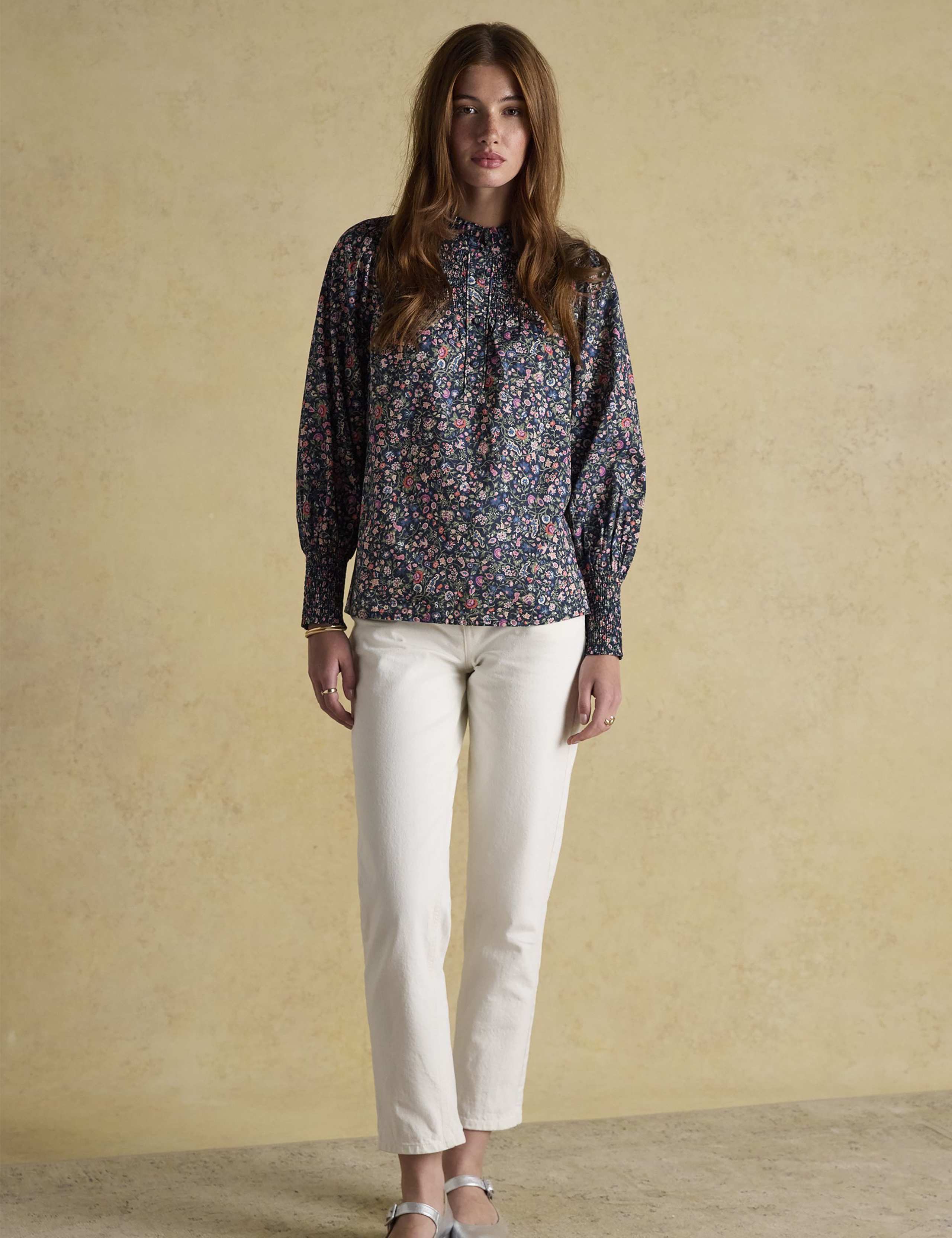 Pure Cotton Floral High Neck Smocked Blouse 3 of 8