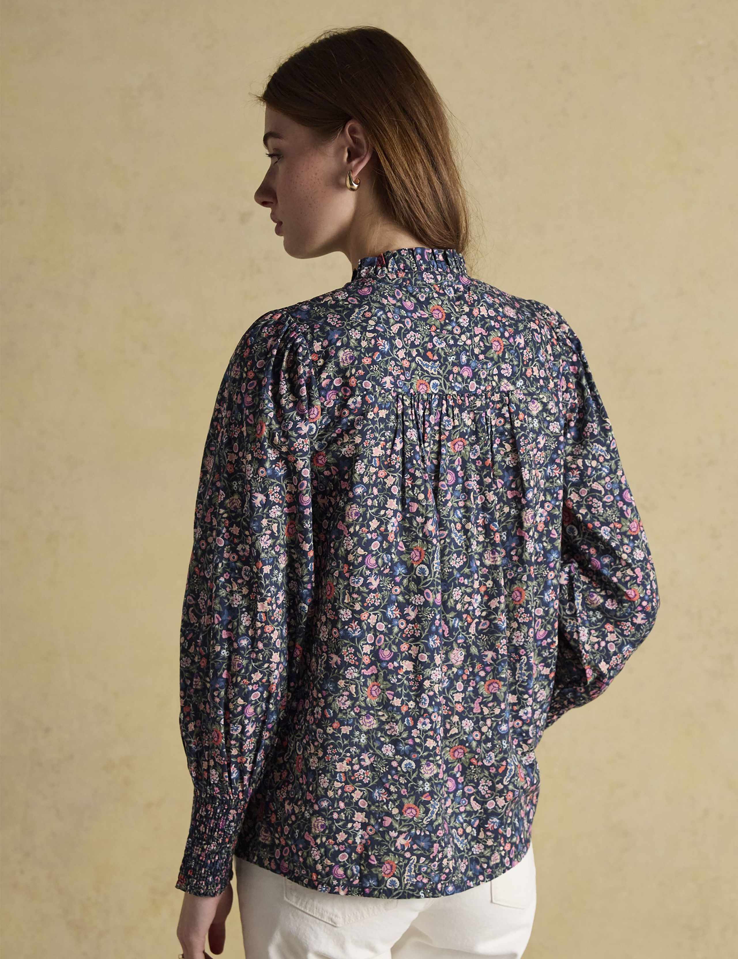 Pure Cotton Floral High Neck Smocked Blouse 4 of 8