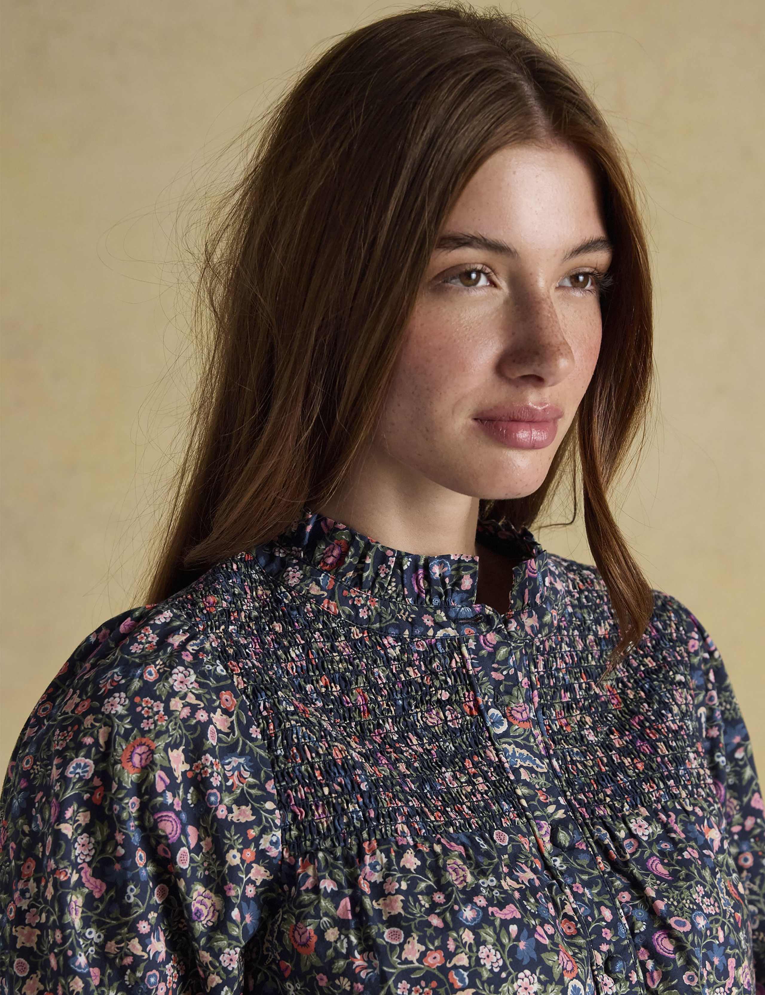 Pure Cotton Floral High Neck Smocked Blouse 6 of 8