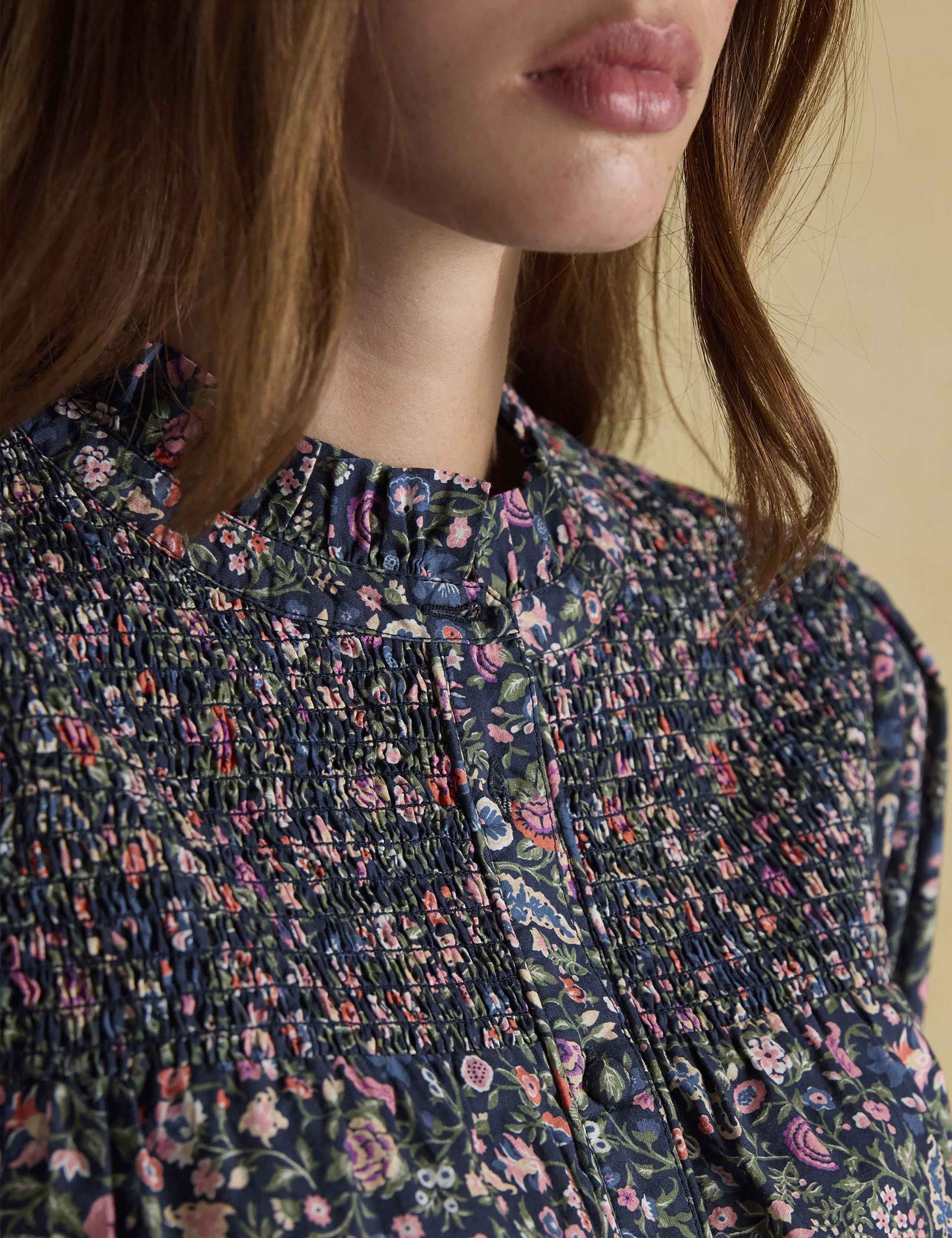 Pure Cotton Floral High Neck Smocked Blouse 7 of 8