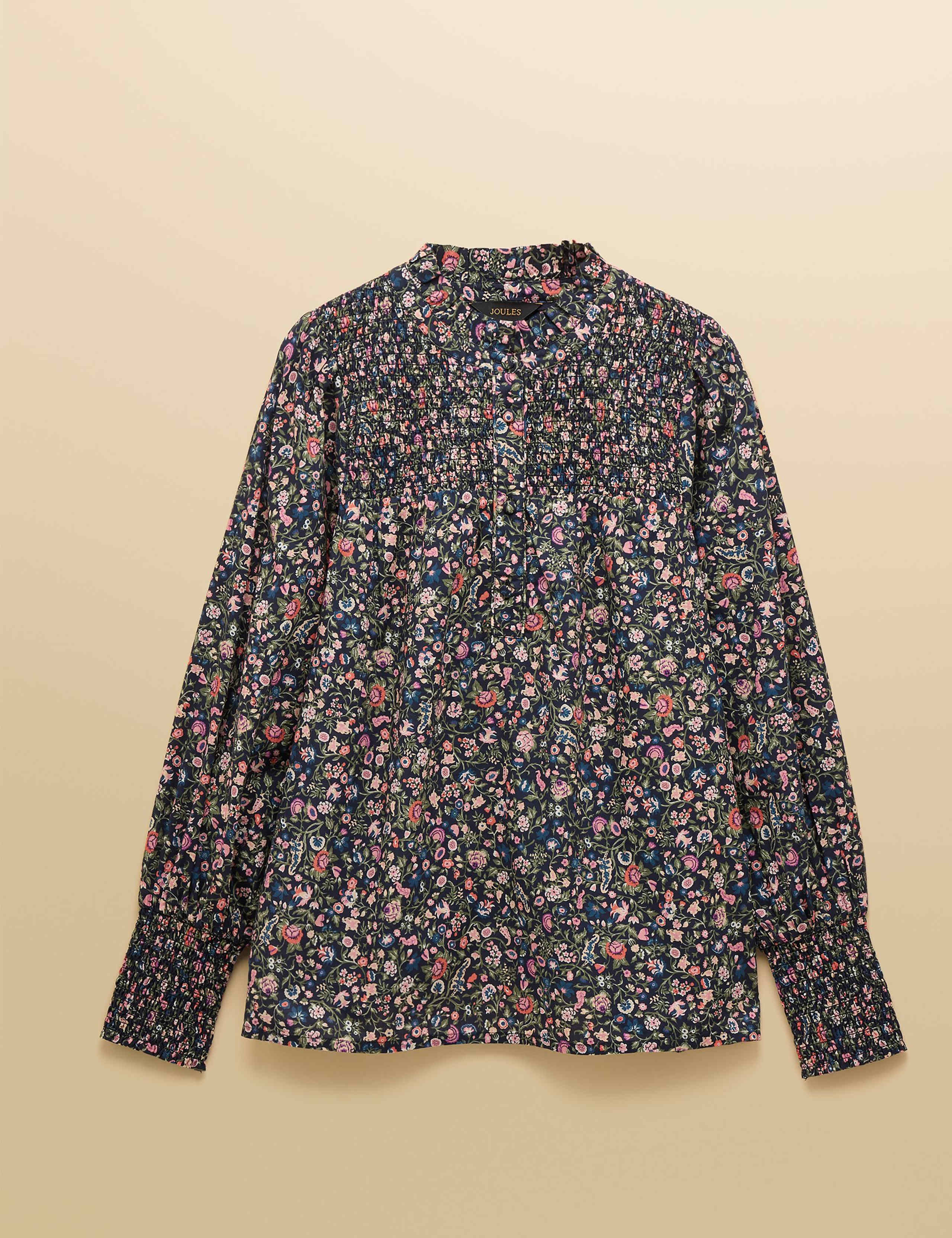 Pure Cotton Floral High Neck Smocked Blouse 2 of 8