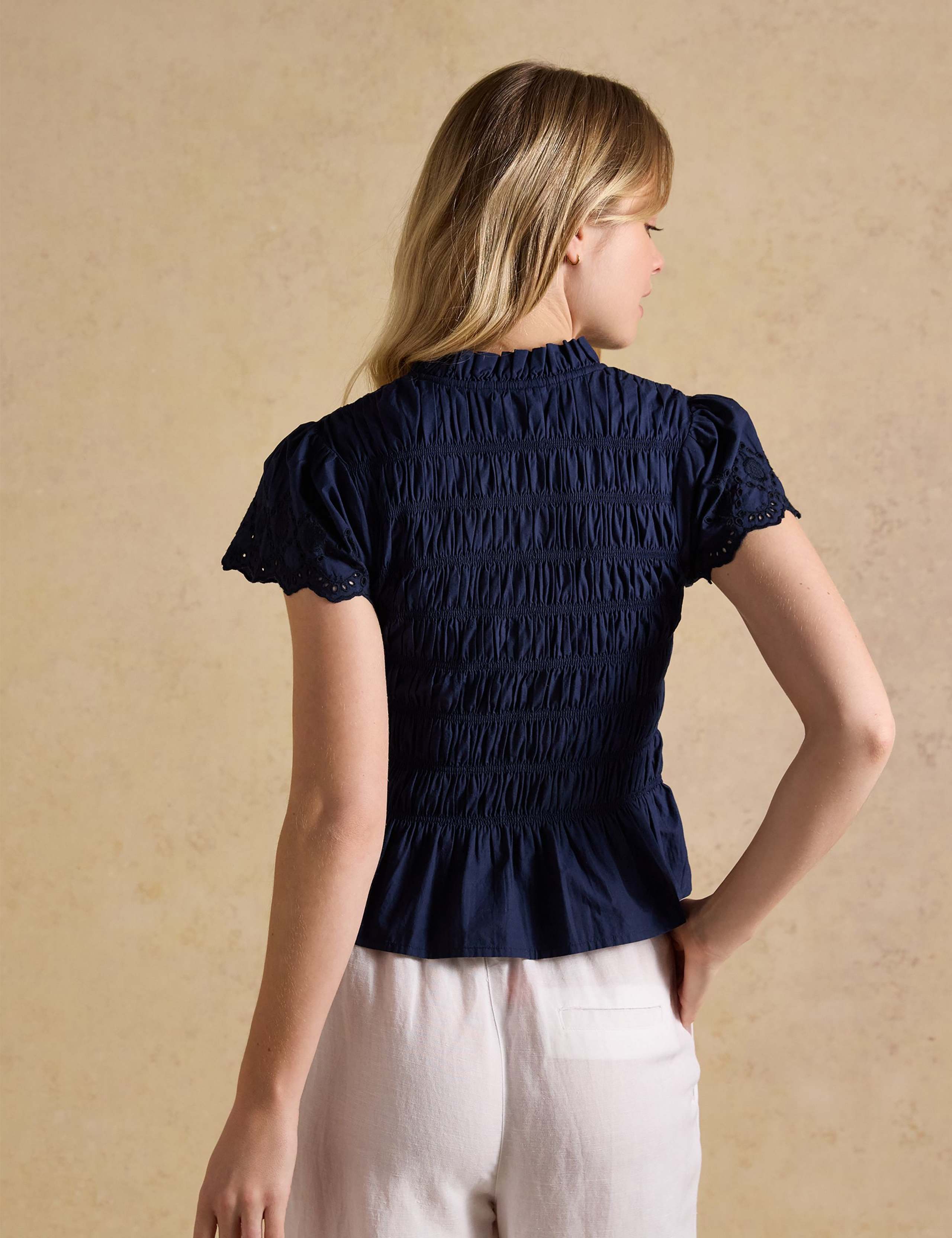 Pure Cotton Broderie High Neck Shirred Blouse 3 of 9