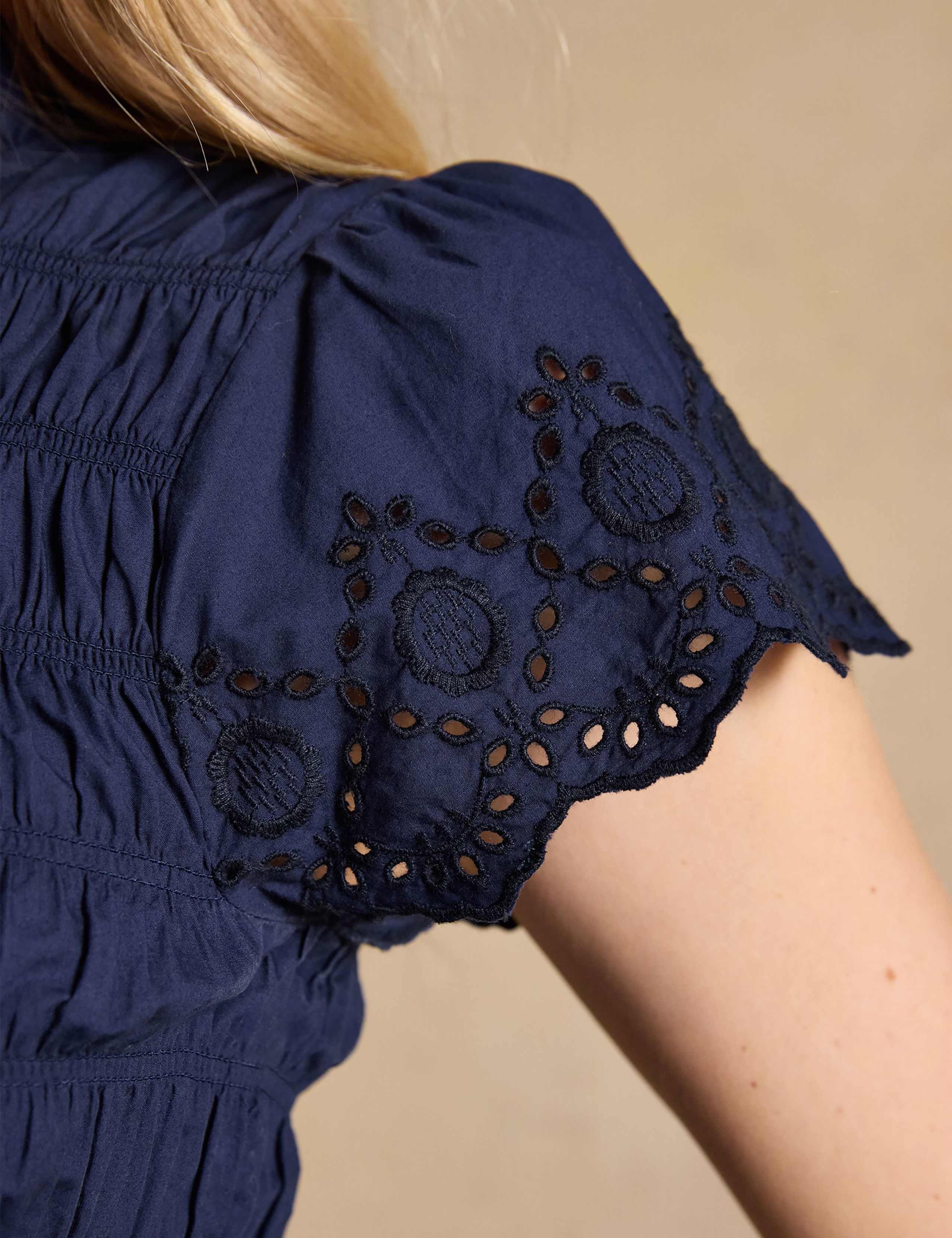 Pure Cotton Broderie High Neck Shirred Blouse 7 of 9
