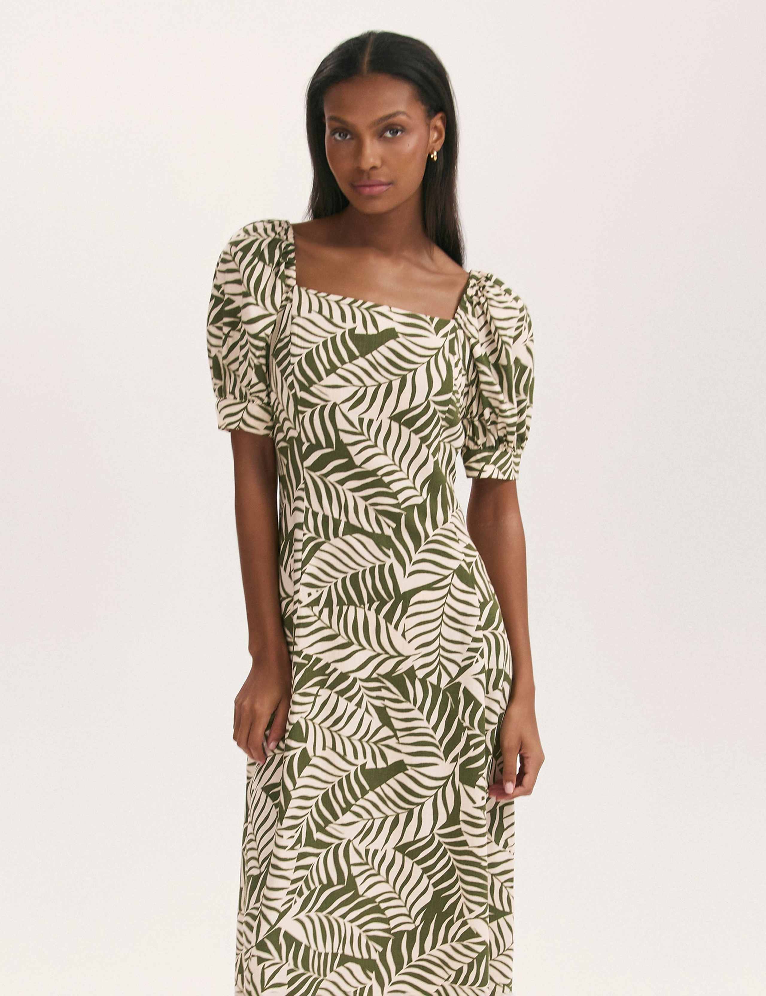 Leaf Print Square Neck Midi Tea Dress 2 of 4