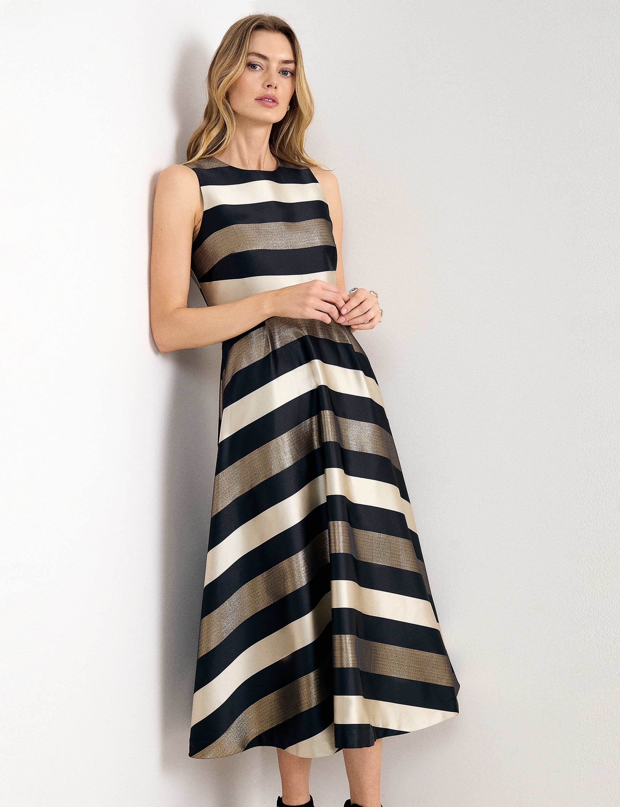 Satin Striped Square Neck Midi Skater Dress 5 of 7