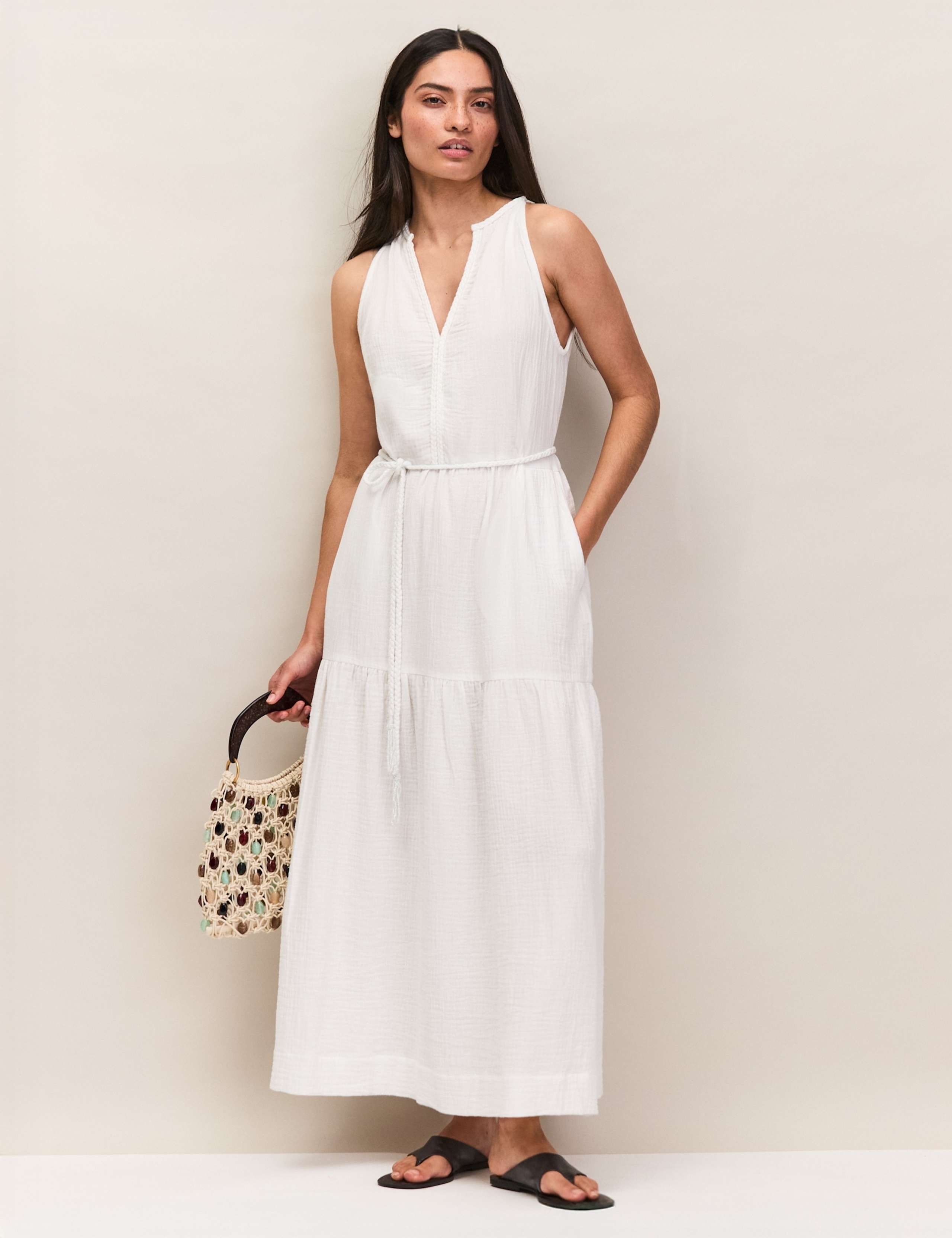 Pure Cotton V-Neck Midaxi Waisted Dress 2 of 7