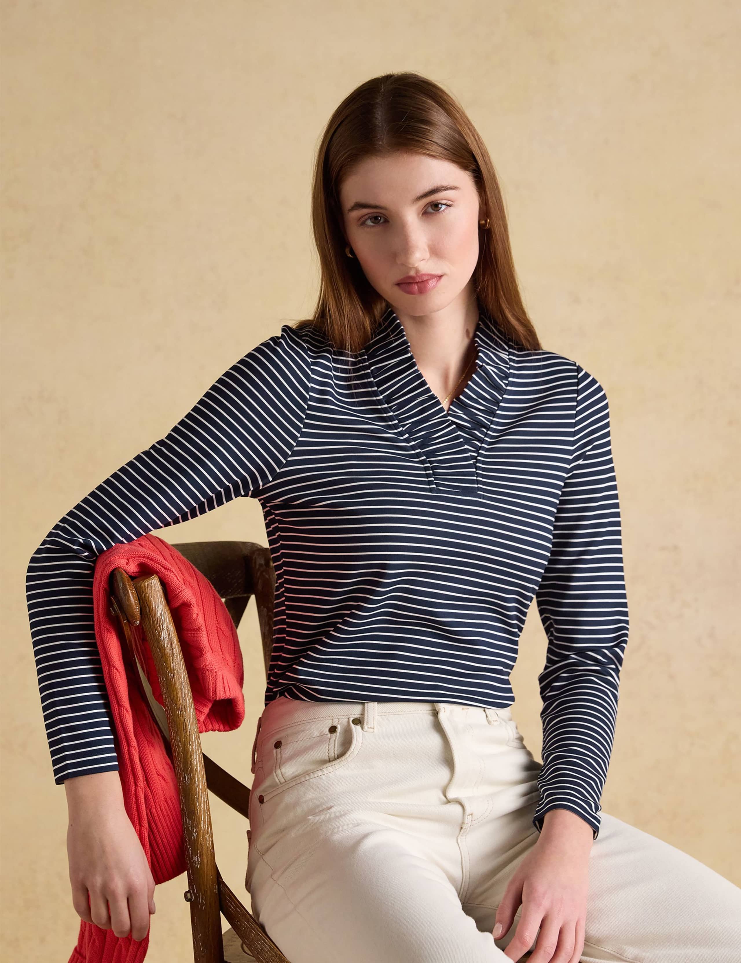 Jersey Striped Frill V-Neck Top 1 of 8