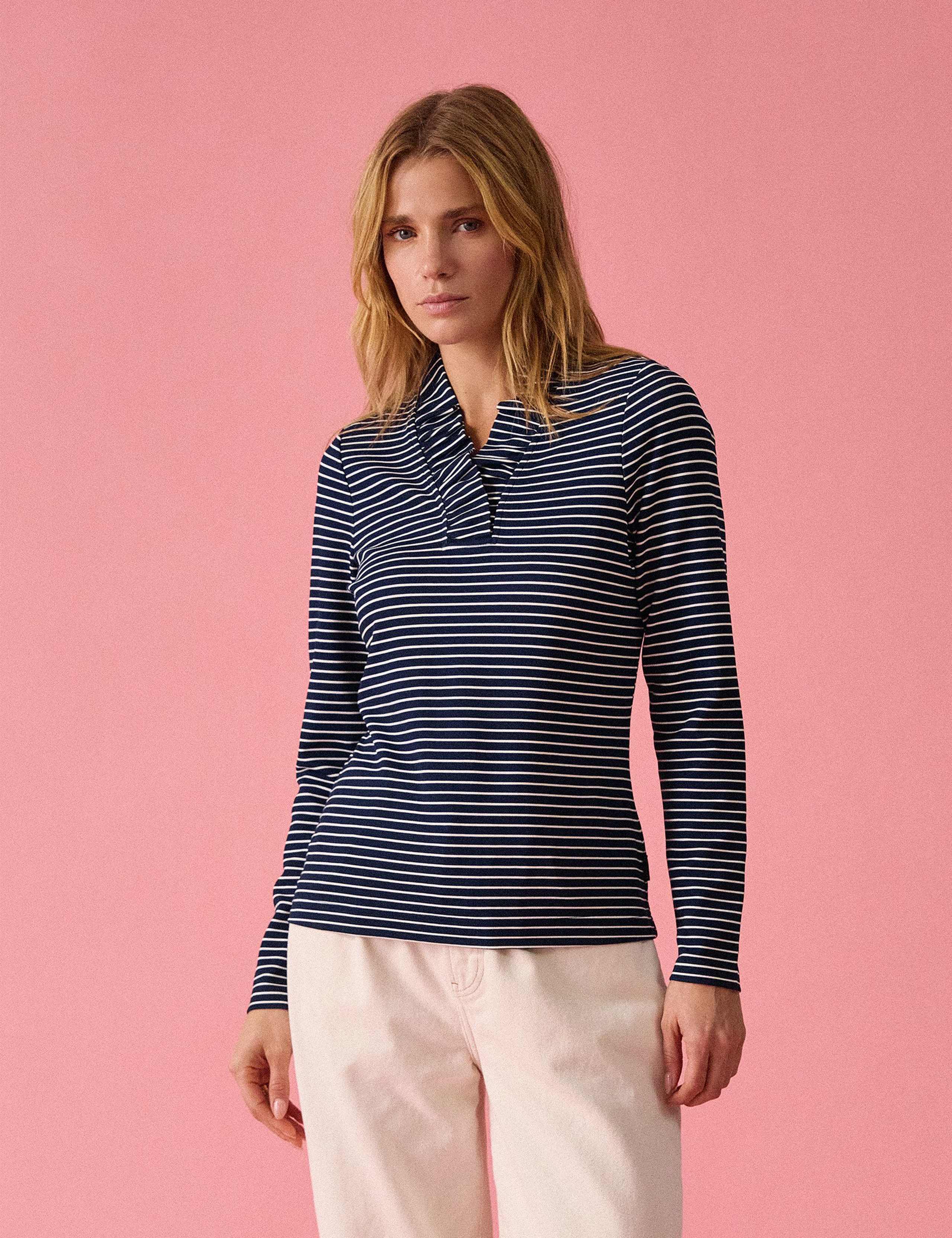 Jersey Striped Frill V-Neck Top 3 of 8