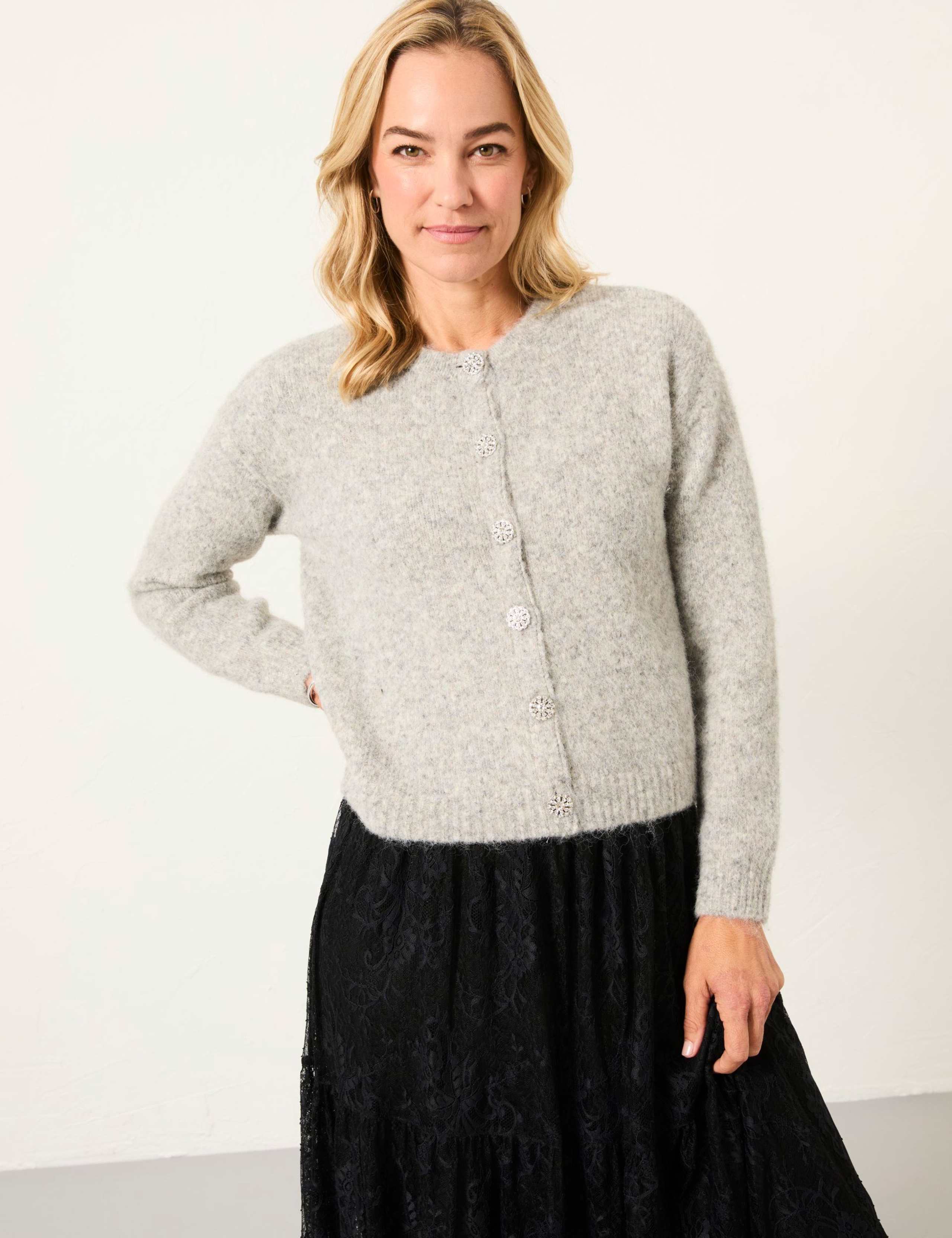 Textured Crew Neck Cardigan with Wool 6 of 6