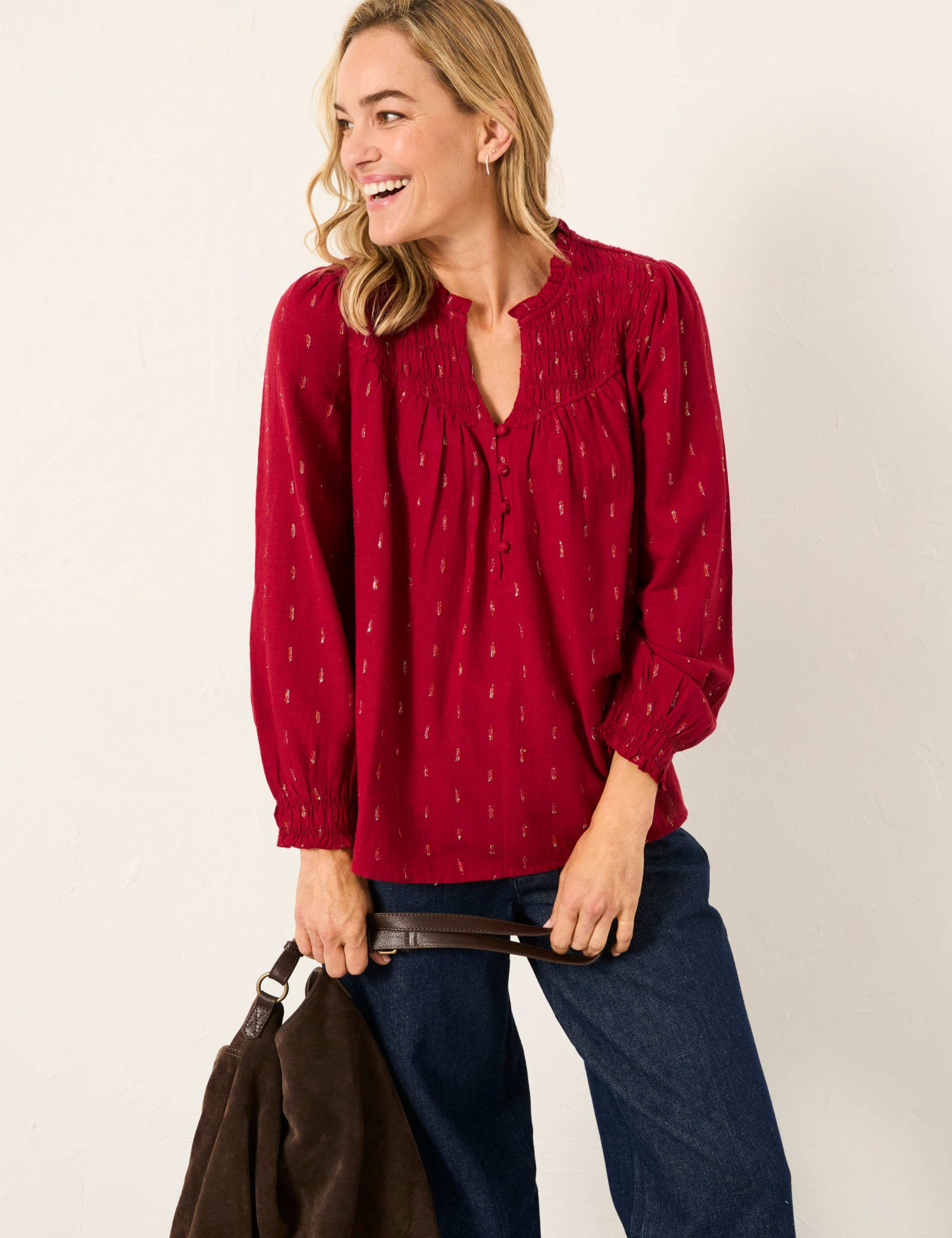 Cotton Blend Printed V-Neck Blouse 1 of 6