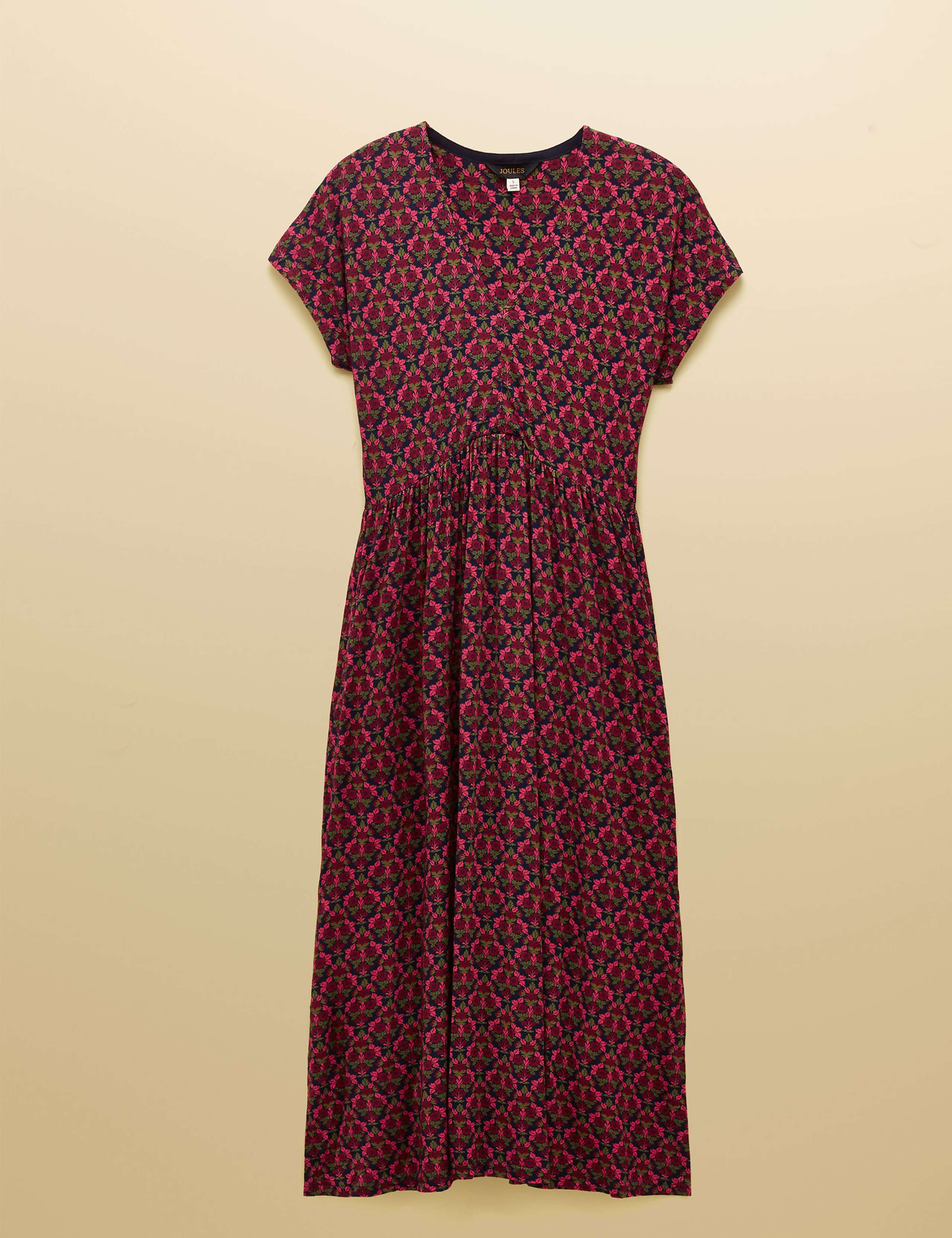 Jersey Floral V-Neck Midi Waisted Dress 2 of 9