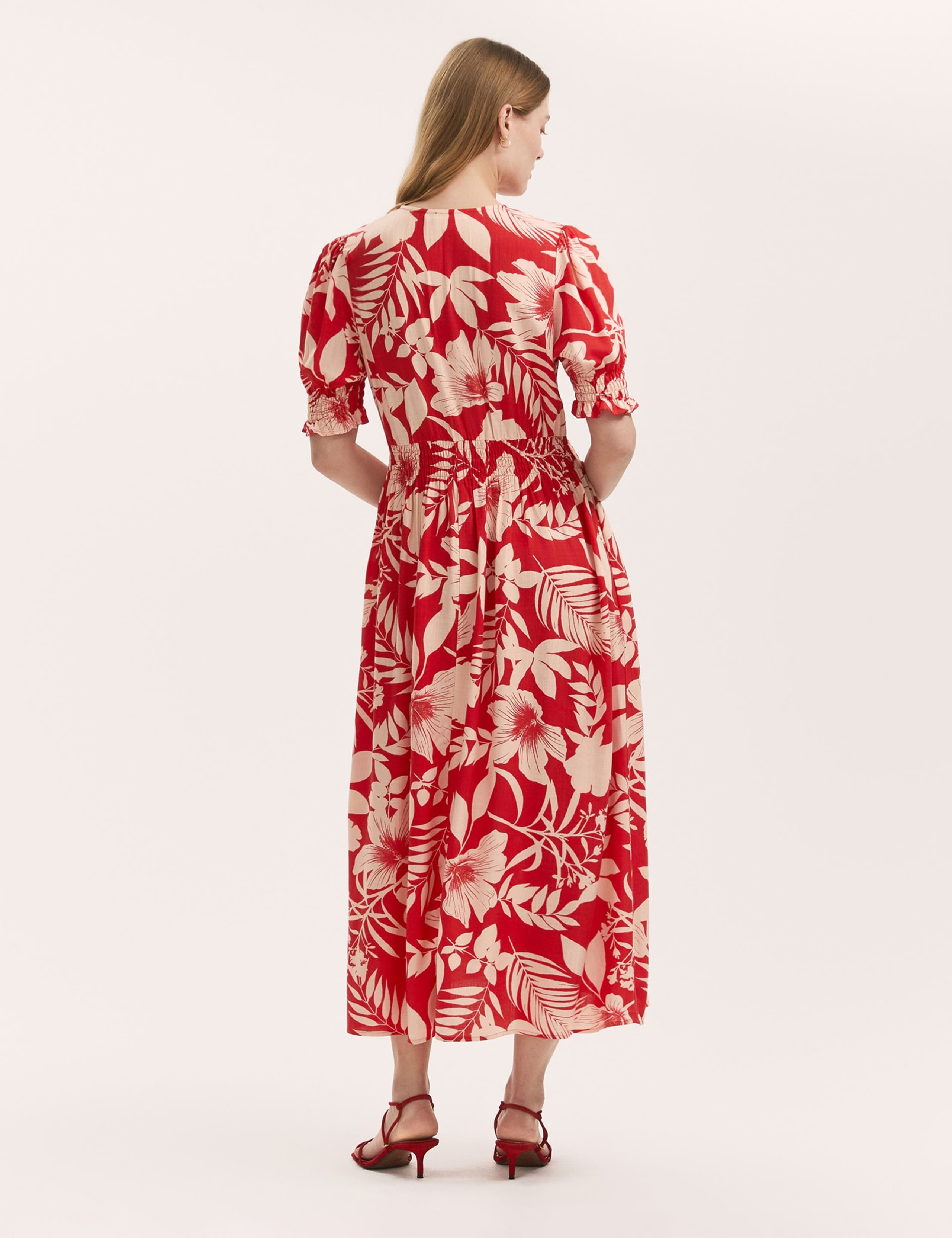 Floral V-Neck Puff Sleeve Midi Waisted Dress 2 of 4