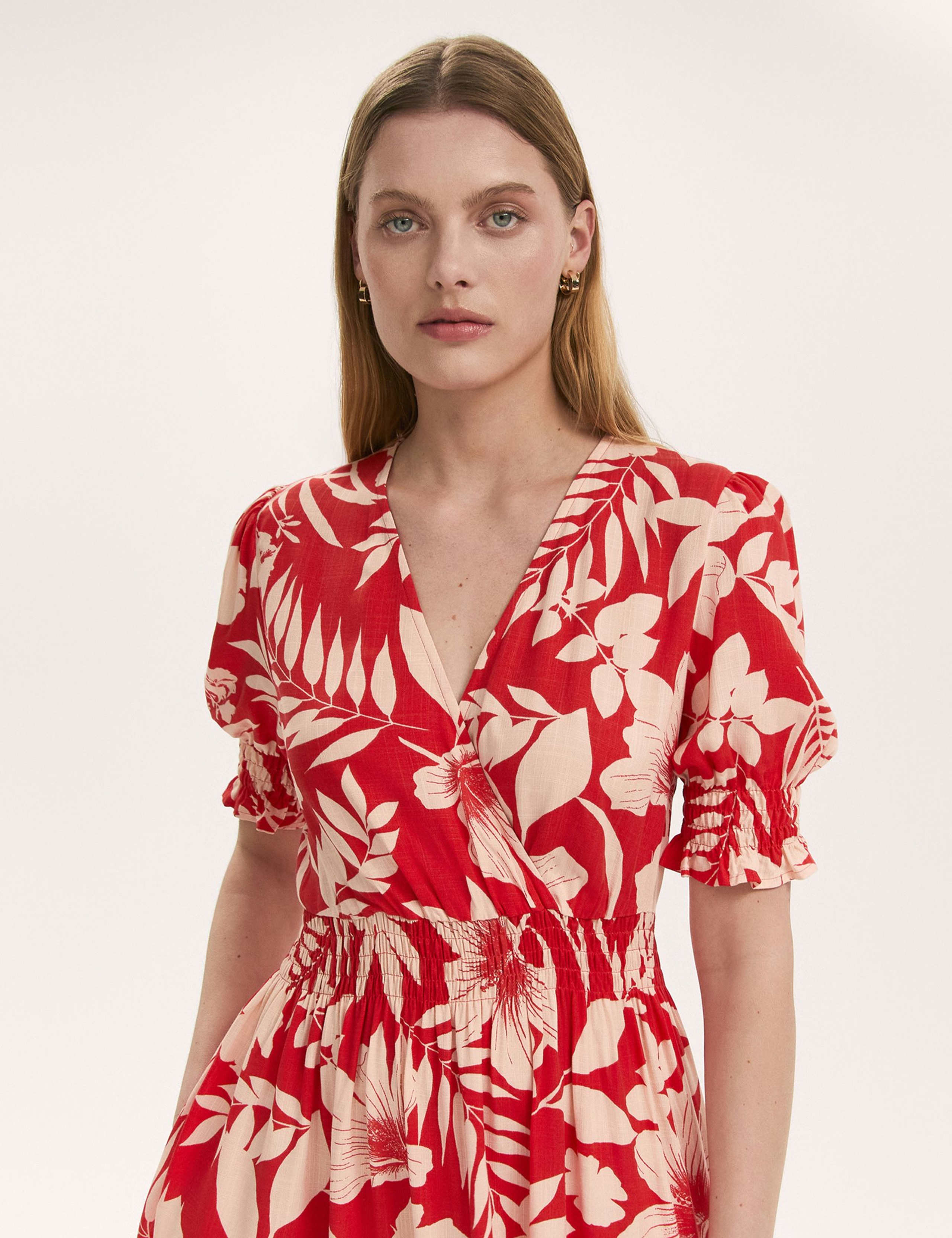 Floral V-Neck Puff Sleeve Midi Waisted Dress 4 of 4