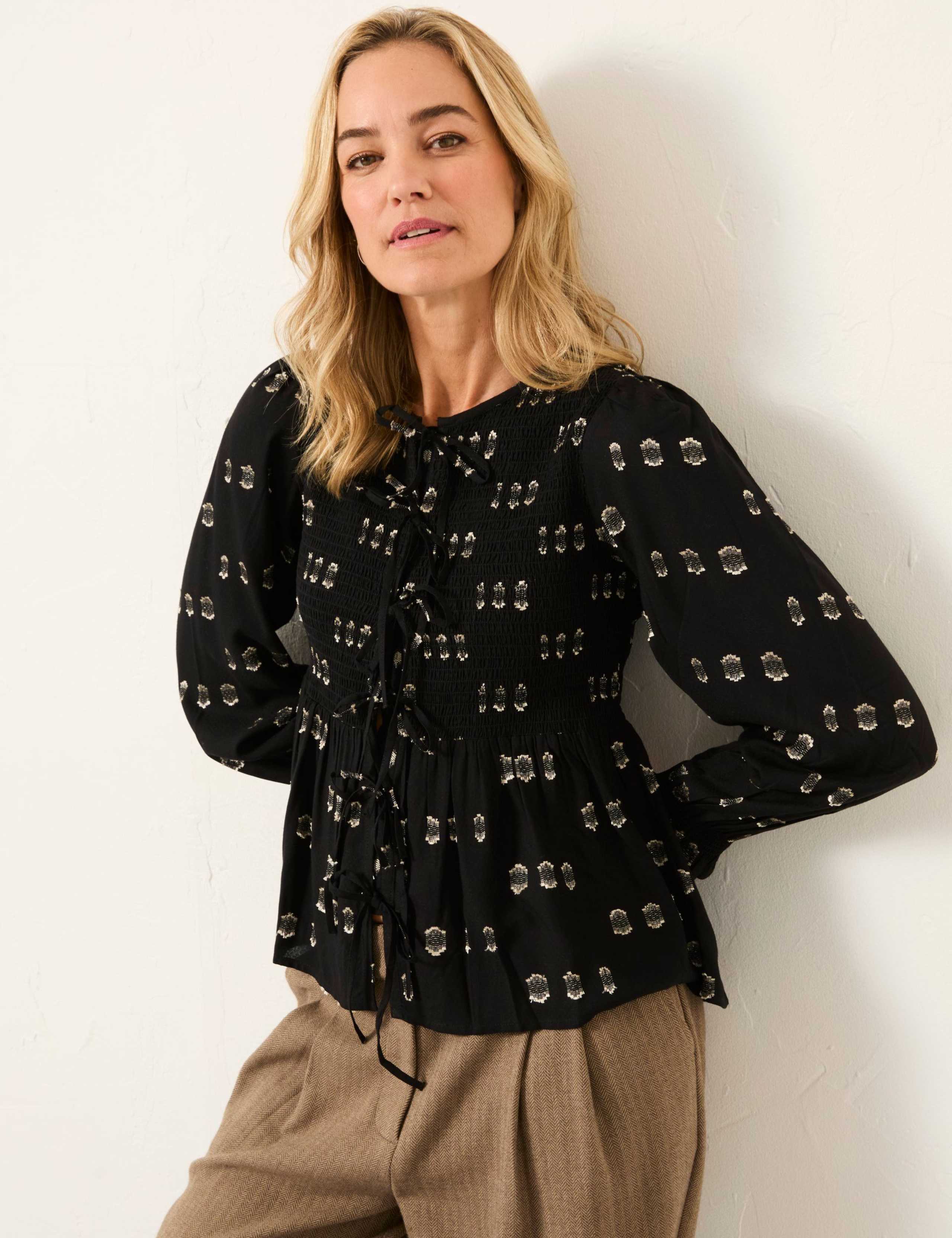 Metallic Print Tie Front Blouse 1 of 5