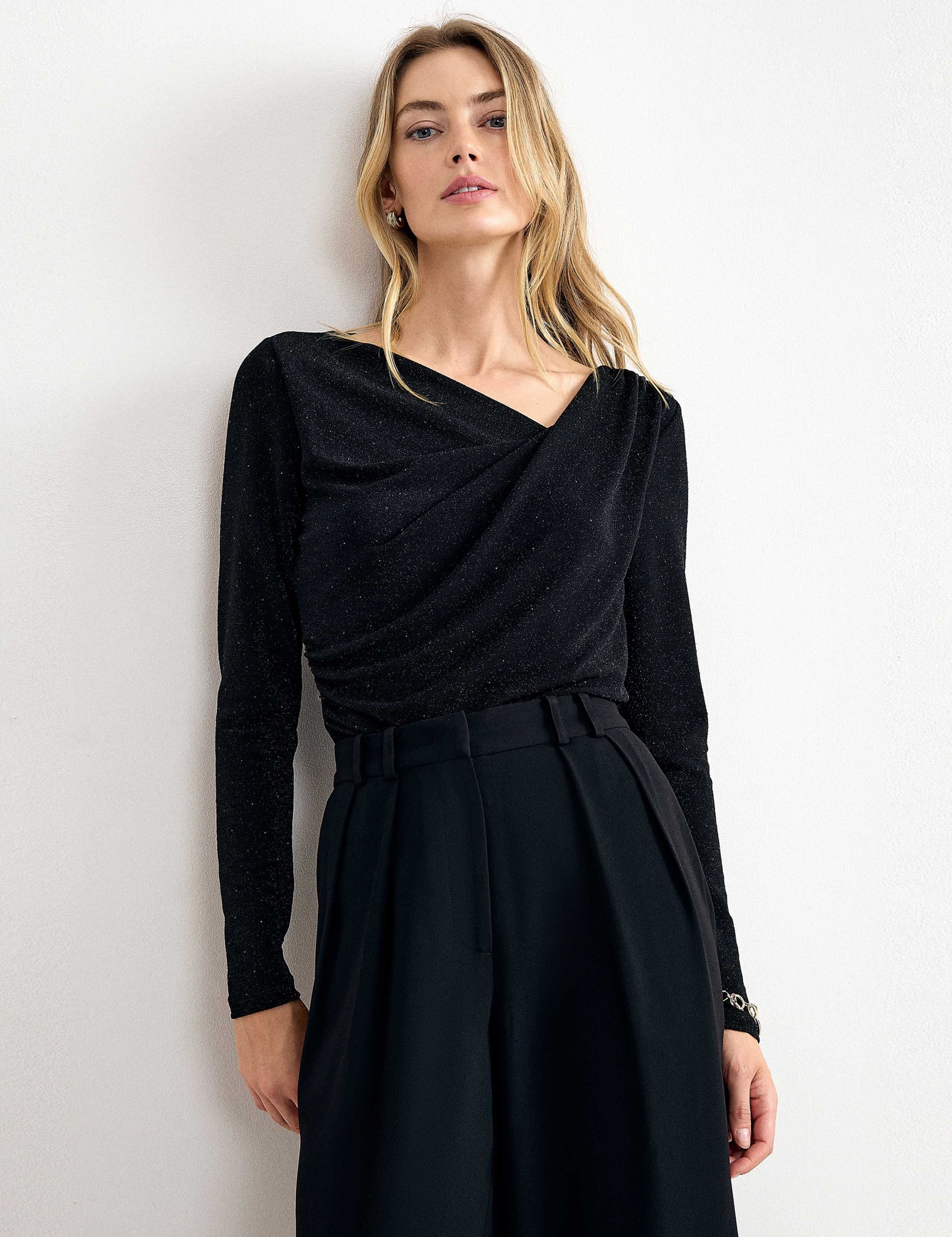Sparkly Ruched Asymmetric Slash Neck Top 1 of 8