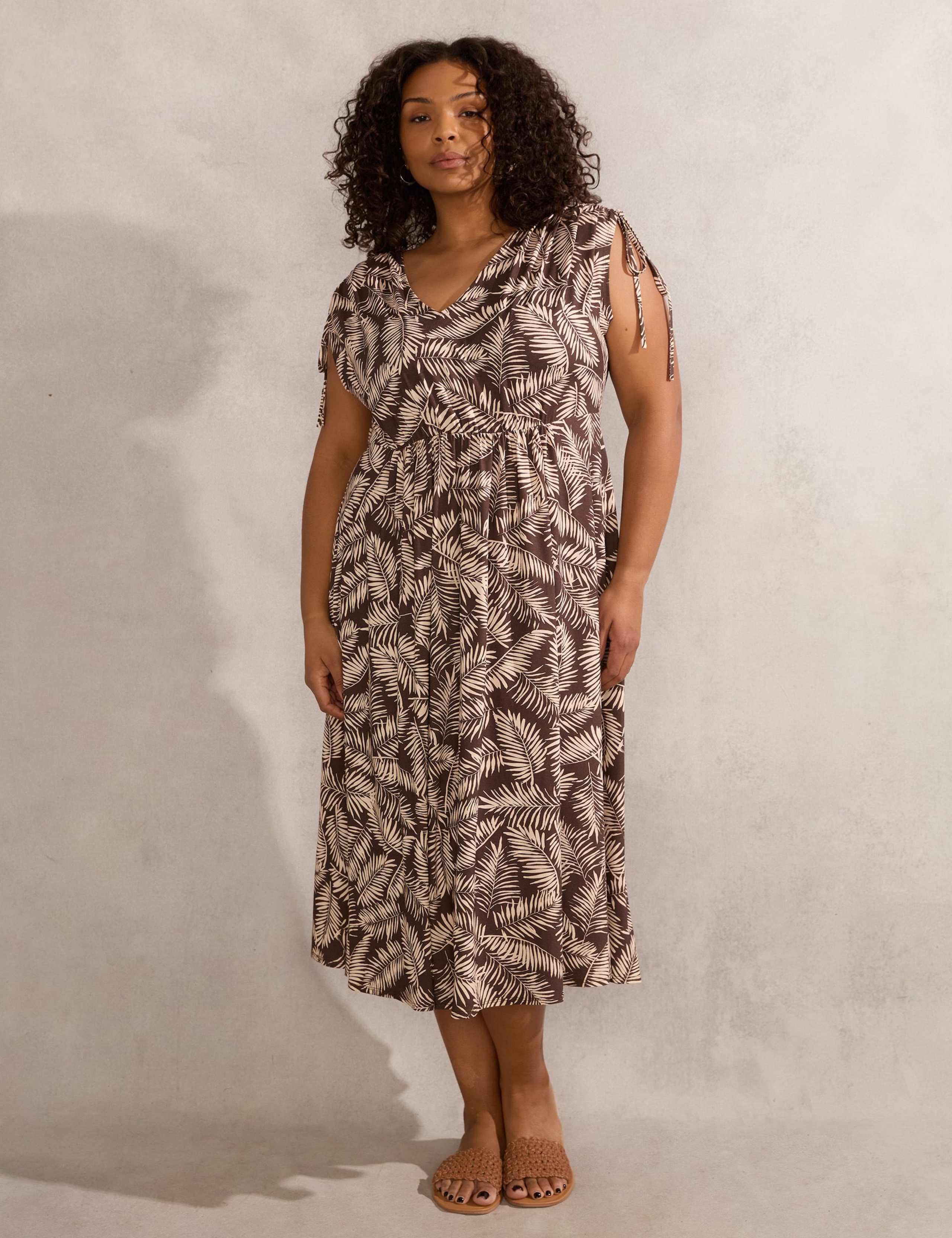 Leaf Print Drawstring Sleeve Midi Tea Dress 3 of 5