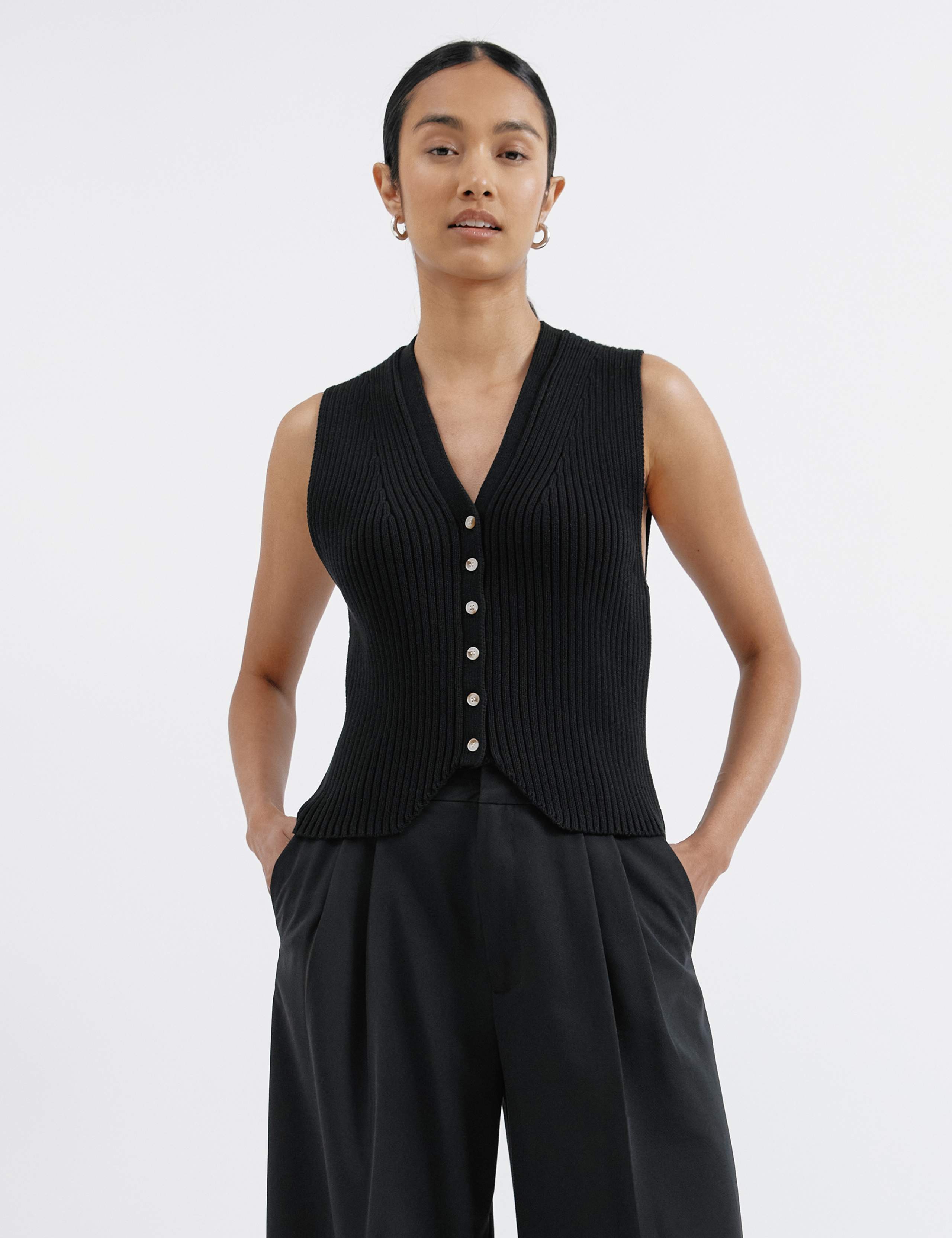 Pure Cotton Ribbed V-Neck Knitted Waistcoat 1 of 6