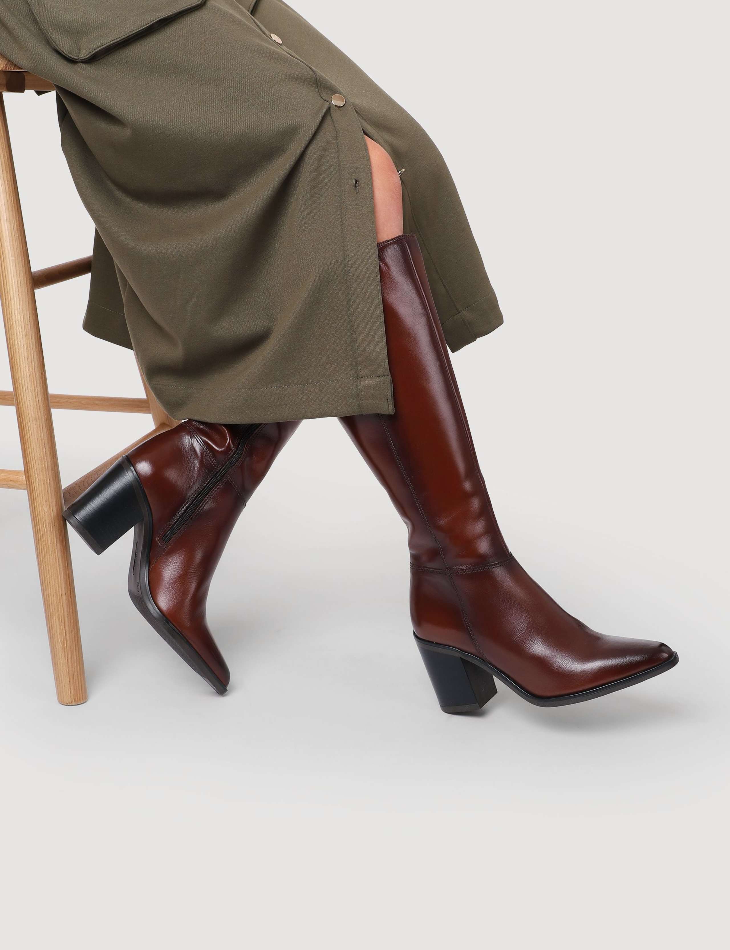 Leather Block Heel Knee High Boots 1 of 6