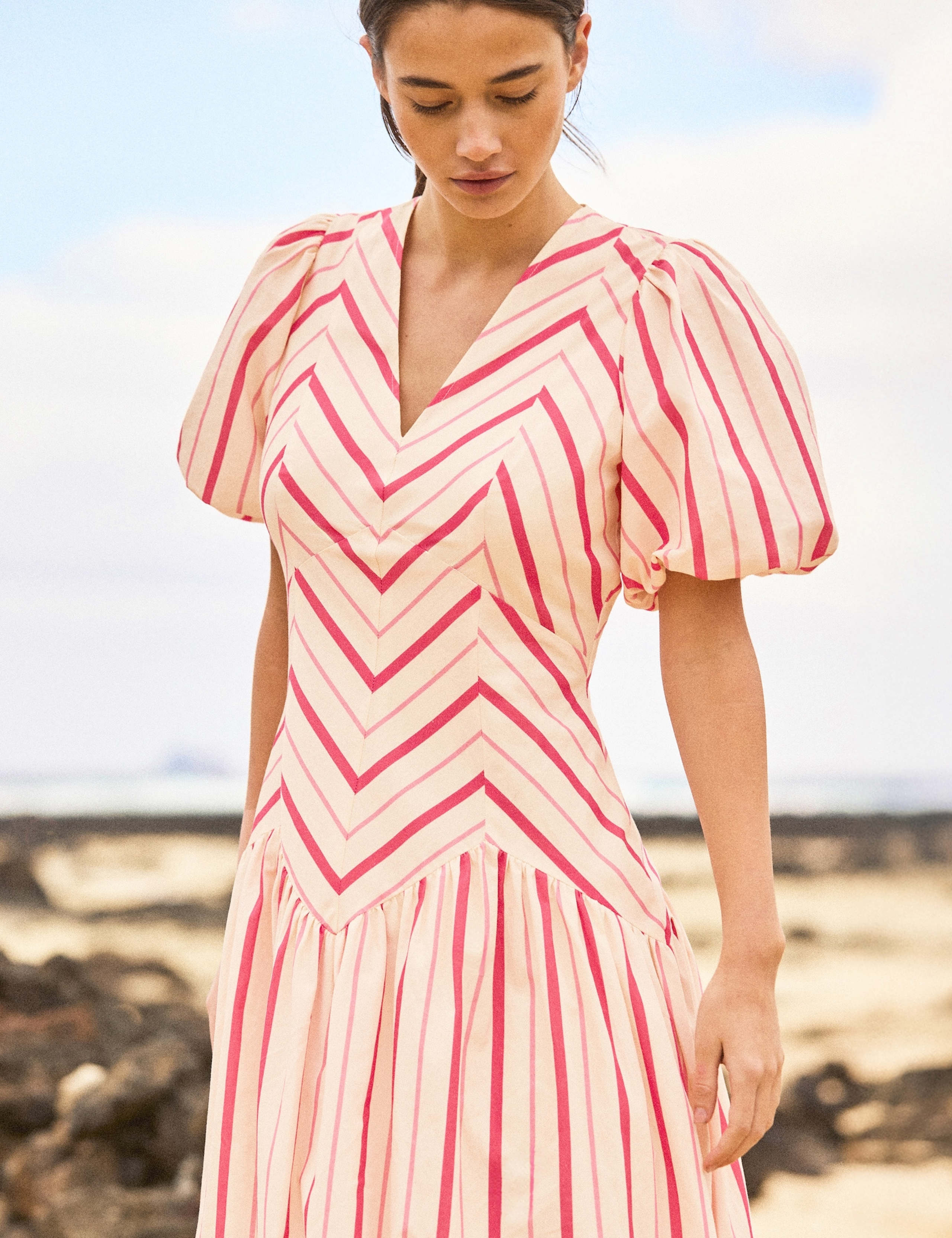 Pure Cotton Striped Puff Sleeve Midaxi Dress 4 of 7