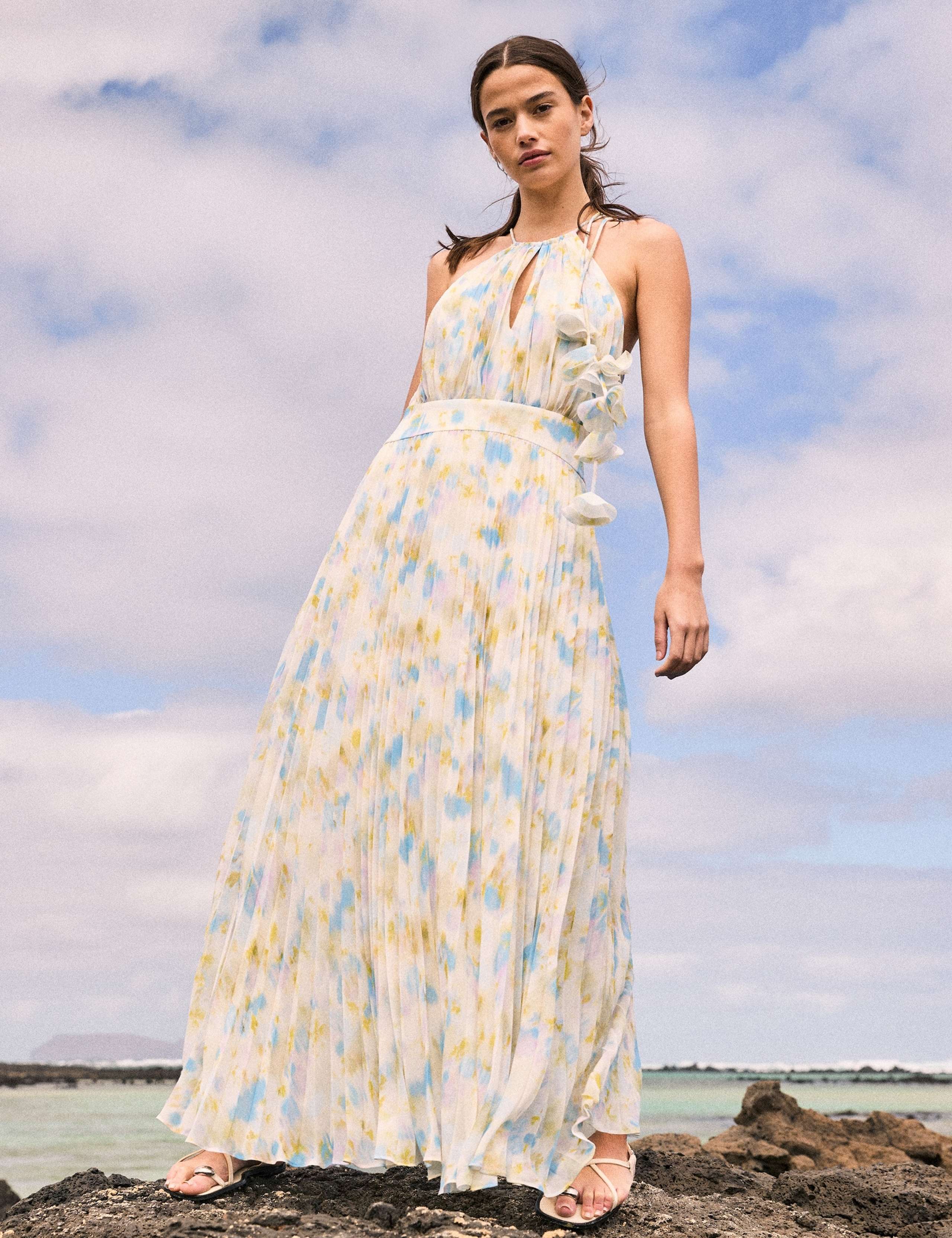 Floral Tie Neck Pleated Maxi Waisted Dress 1 of 3
