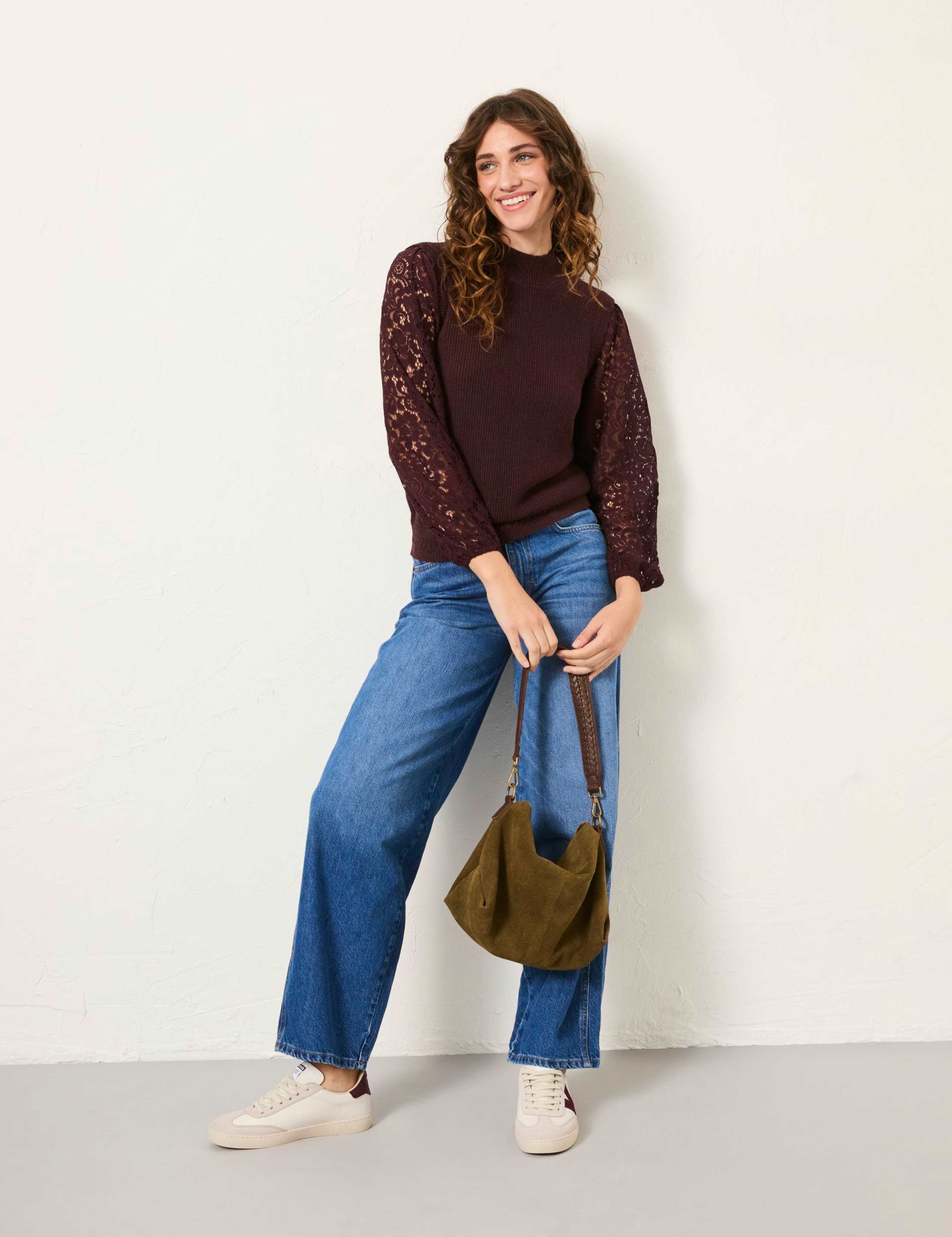 Cotton Rich Lace Textured Crew Neck Jumper 1 of 6