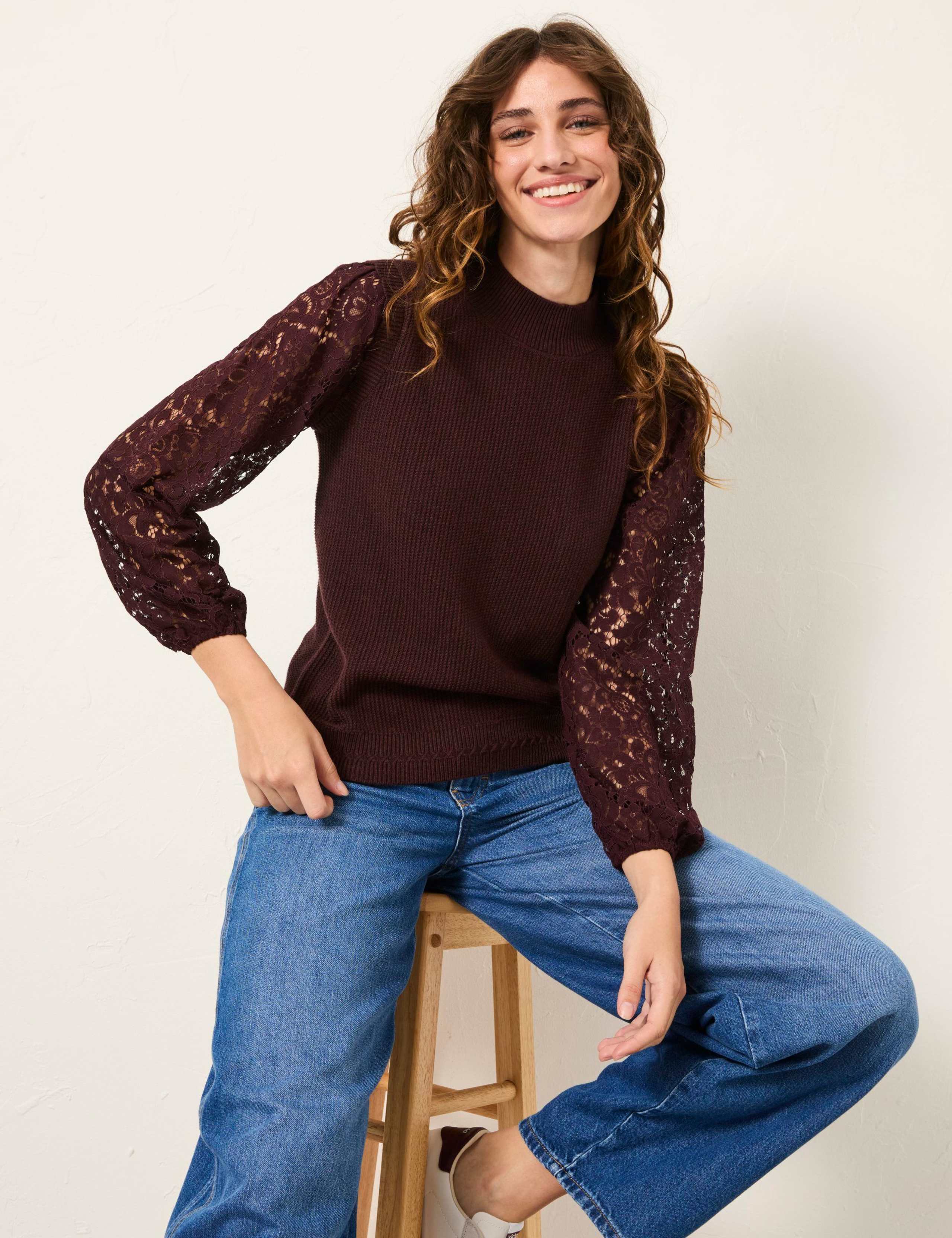 Cotton Rich Lace Textured Crew Neck Jumper 5 of 6