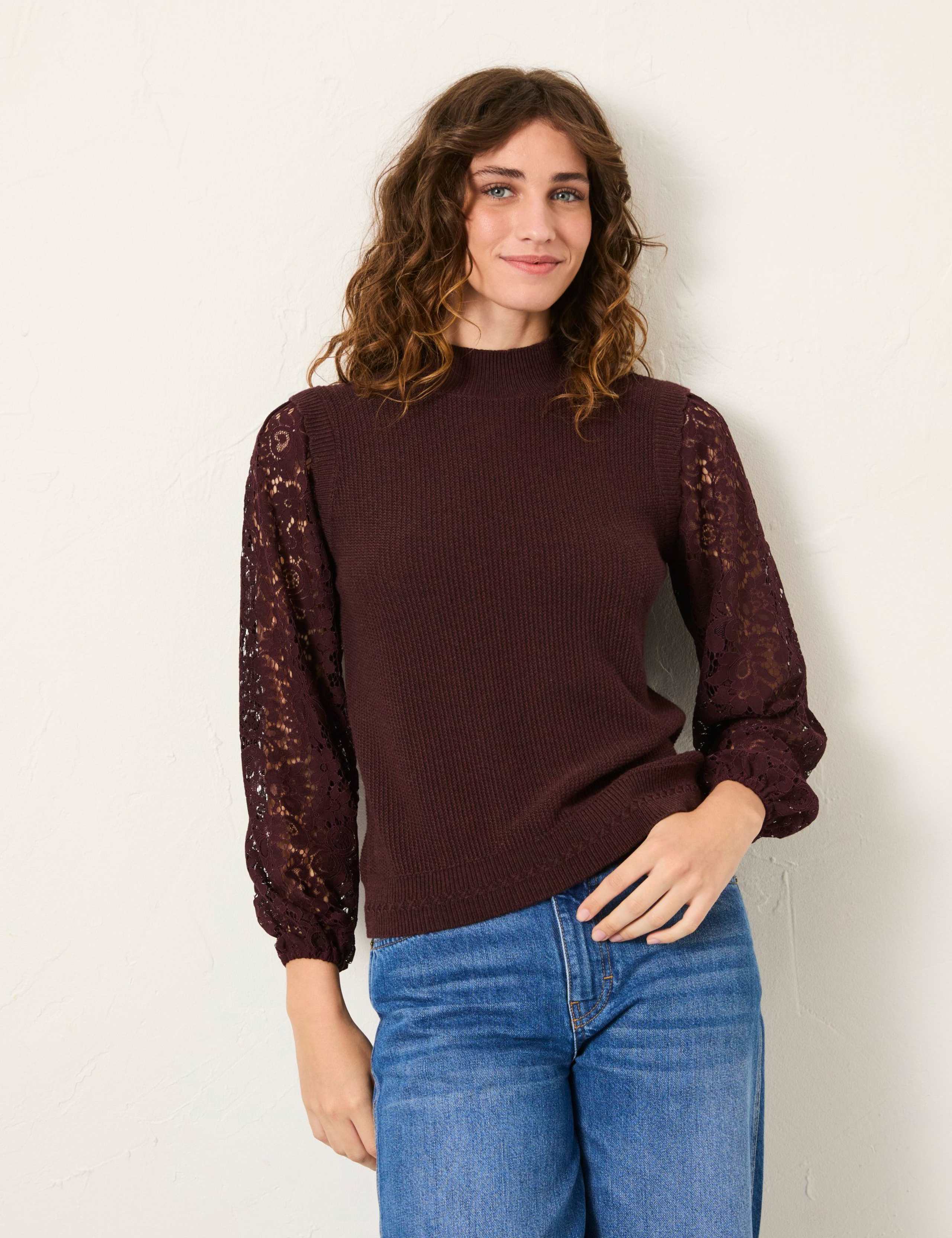 Cotton Rich Lace Textured Crew Neck Jumper 6 of 6