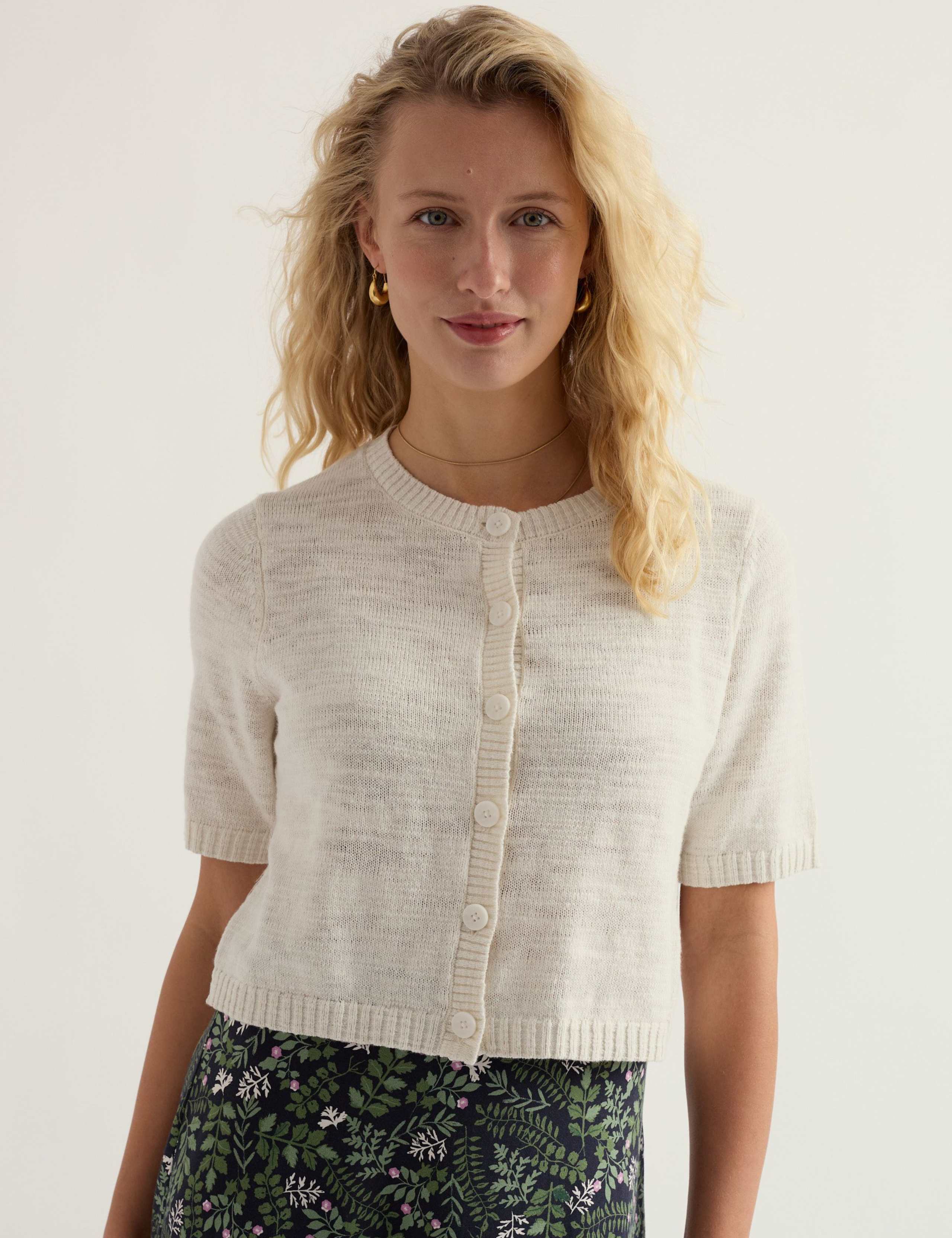 Cotton Rich Relaxed Cardigan with Linen 3 of 5