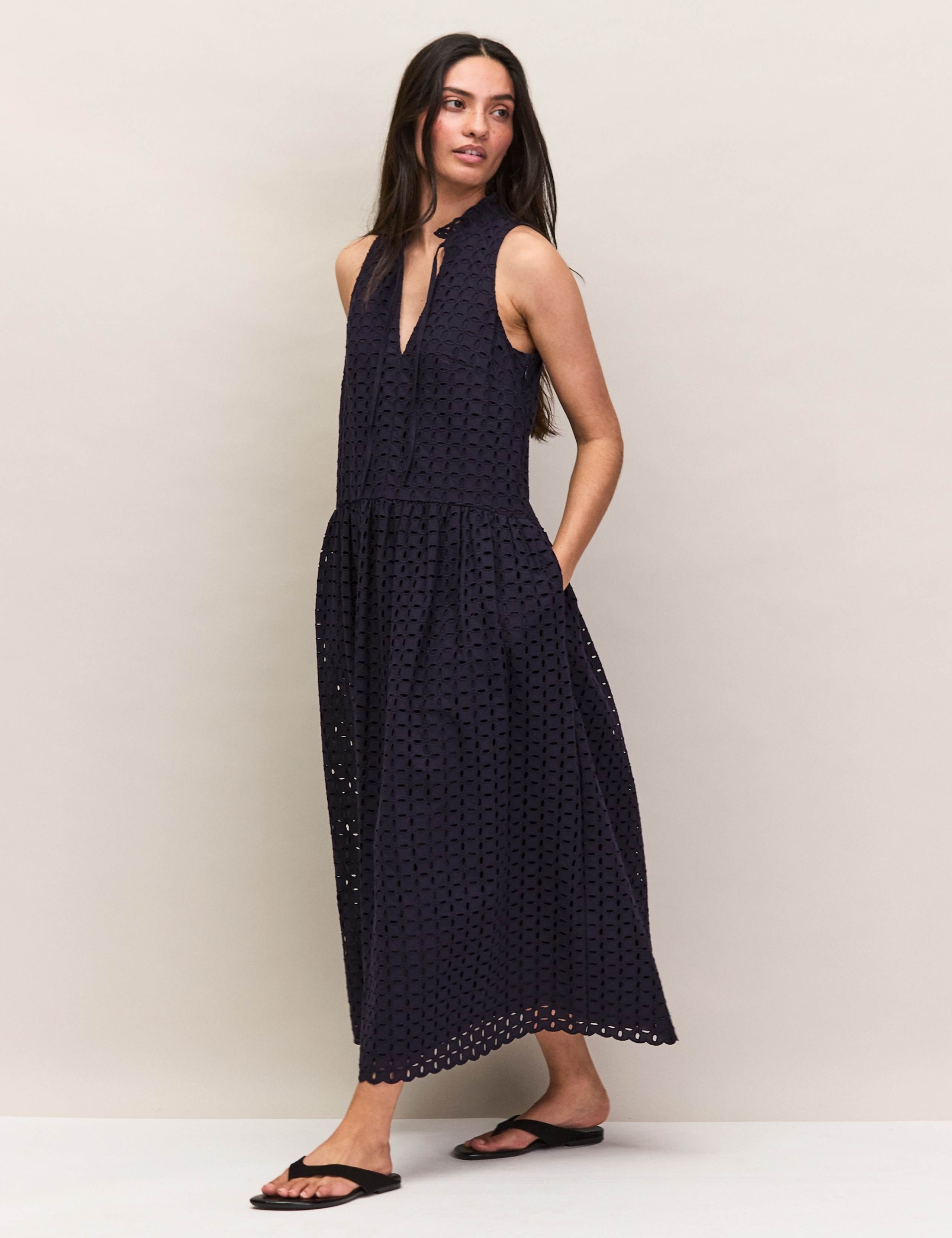 Pure Cotton Broderie V-Neck Midi Column Dress 3 of 6