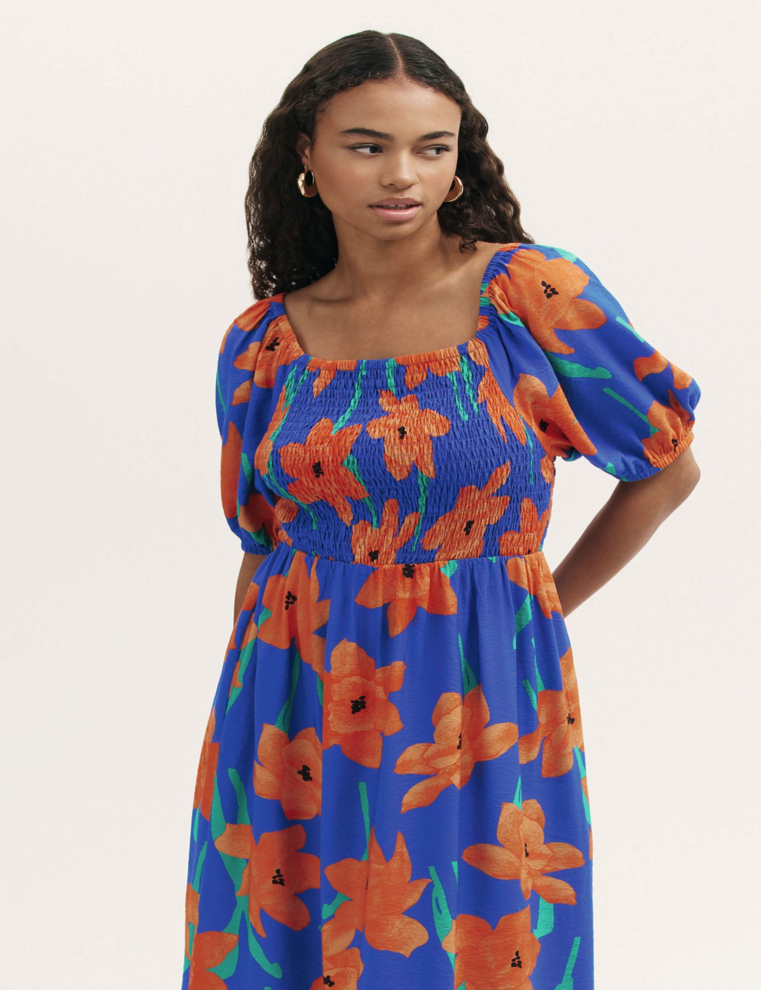Floral Square Neck Midi Shirred Dress 3 of 4