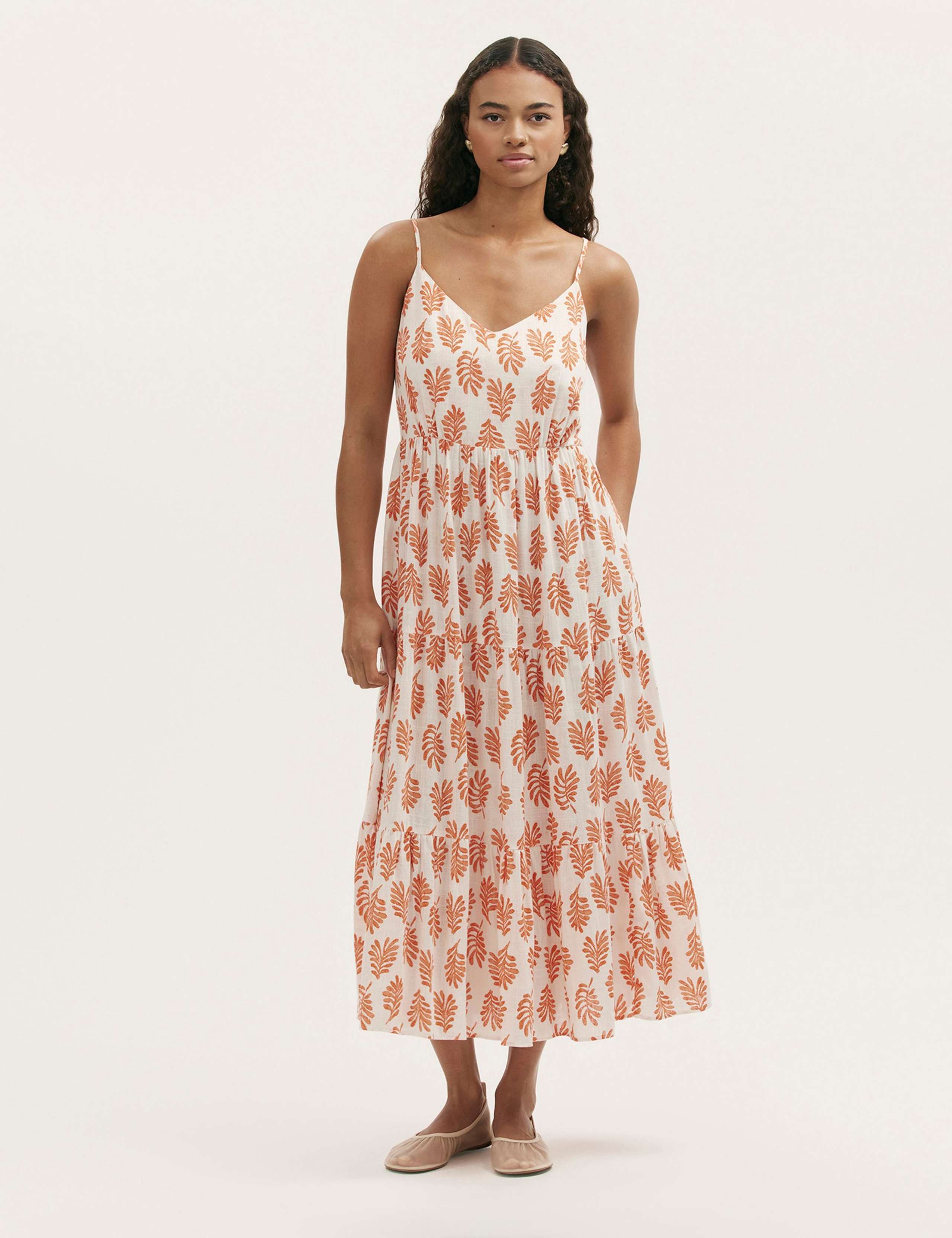 Pure Cotton Leaf Print V-Neck Midi Dress 1 of 4