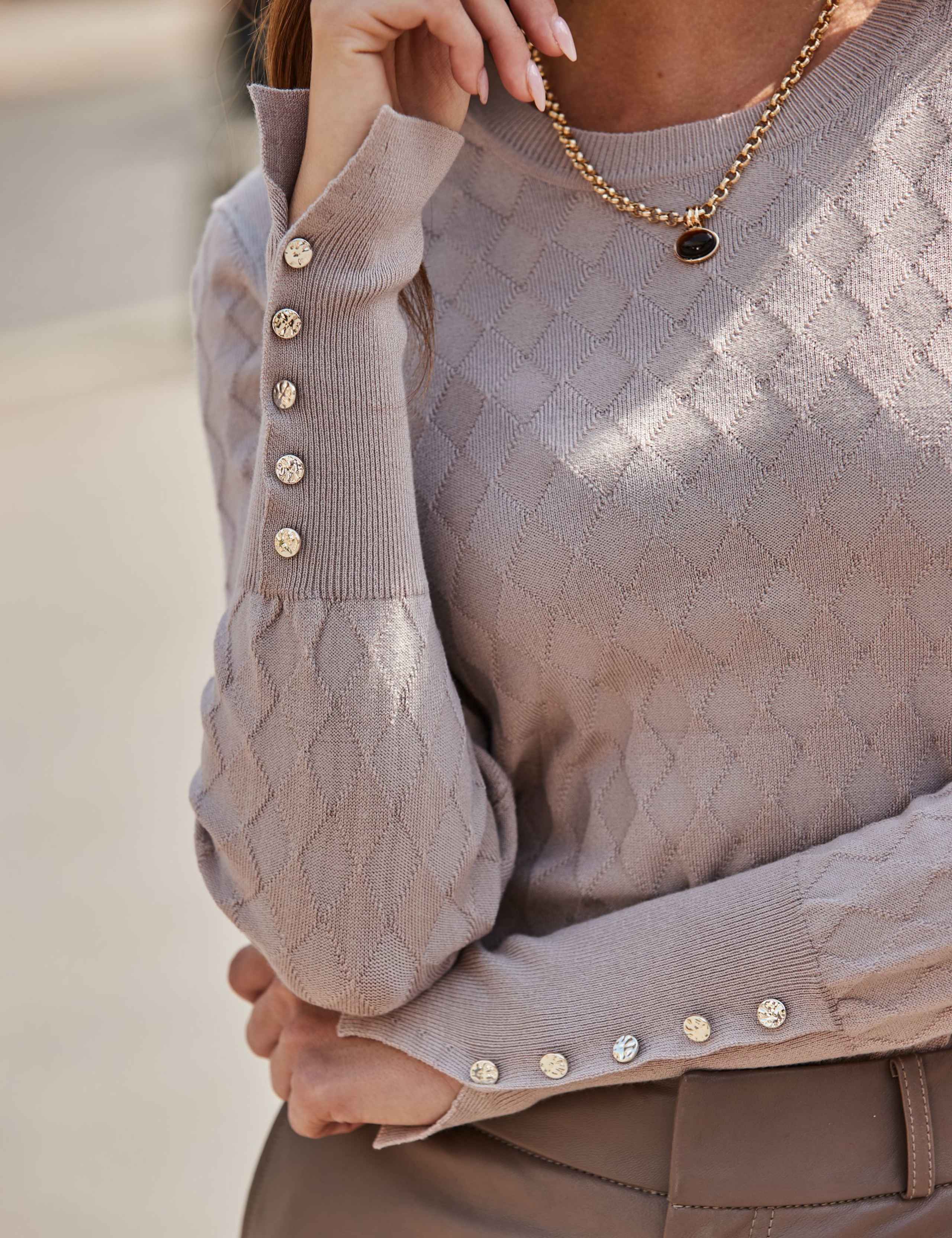 Diamond Stitch Crew Neck Button Cuff Jumper 5 of 6