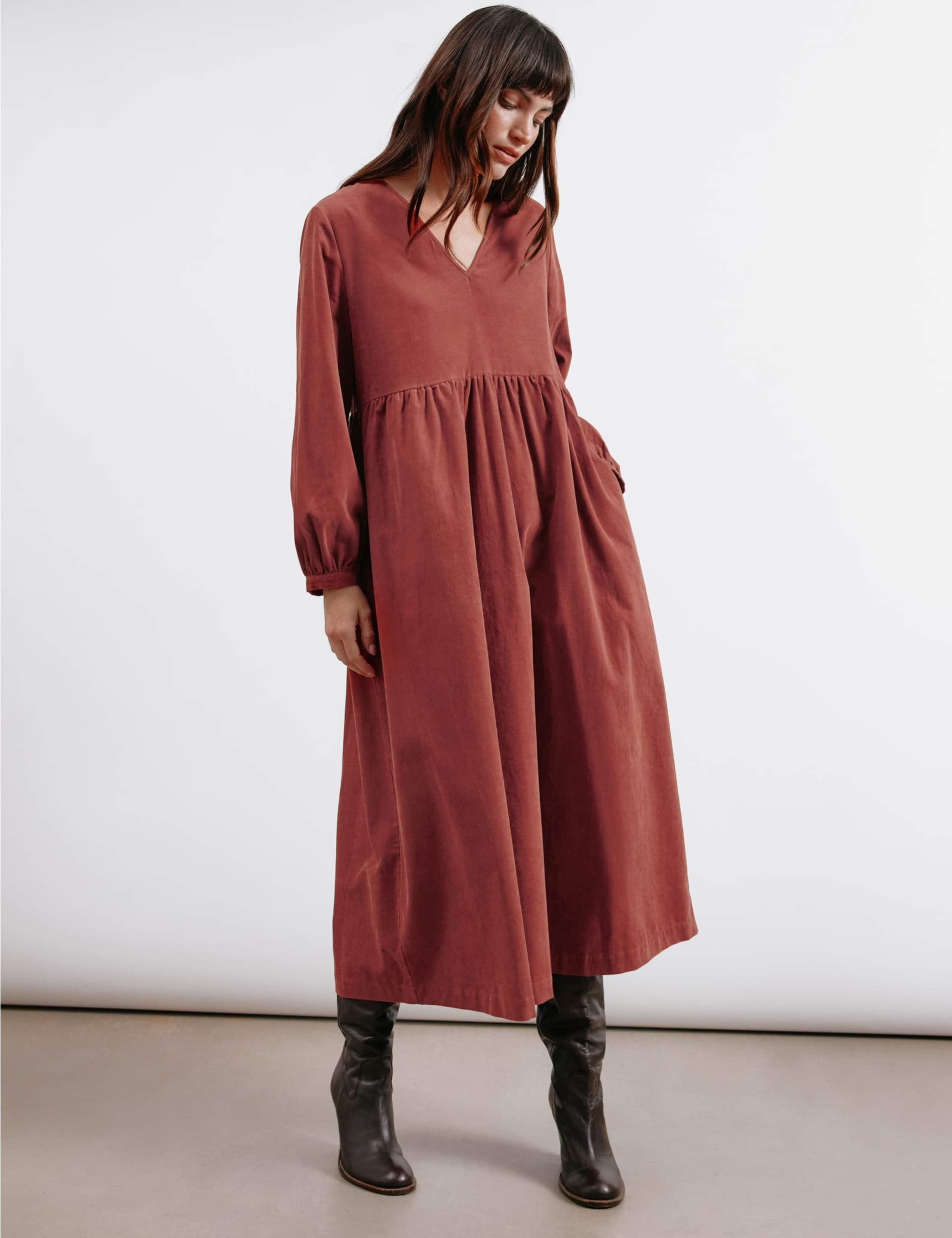 Pure Cotton Cord V-Neck Midi Waisted Dress 1 of 3