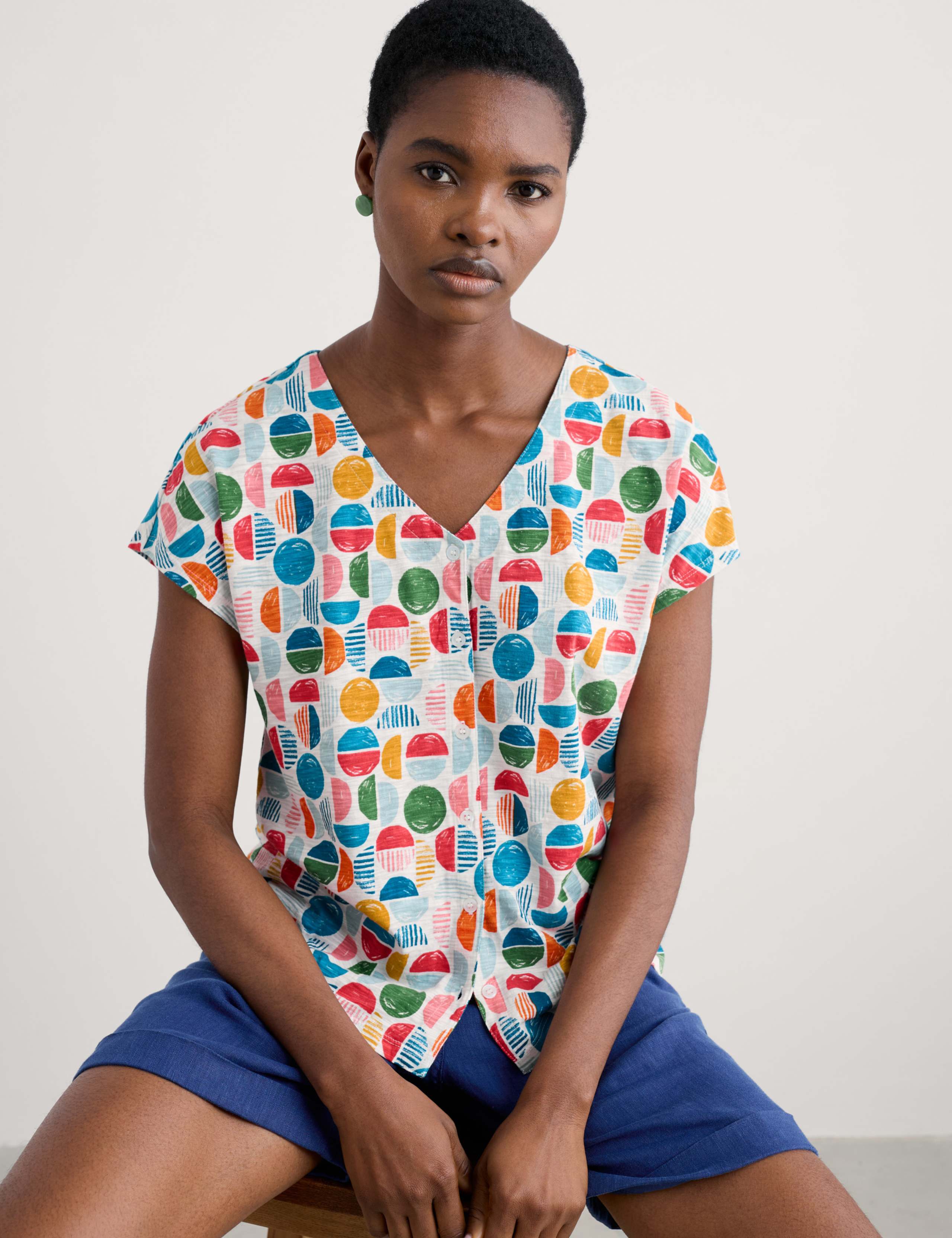 Pure Cotton Geometric V-Neck Relaxed Top 3 of 4