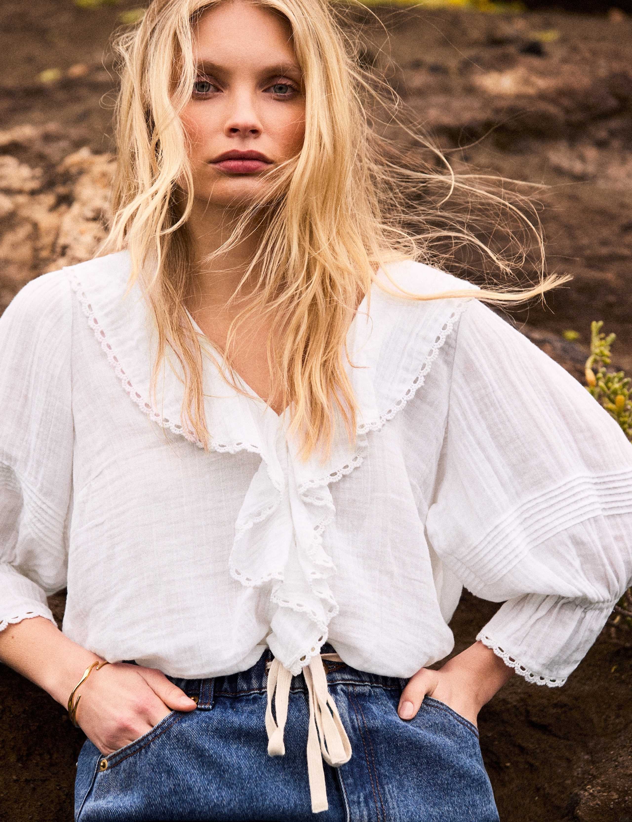 Pure Cotton V-Neck Ruffle Relaxed Blouse 1 of 6