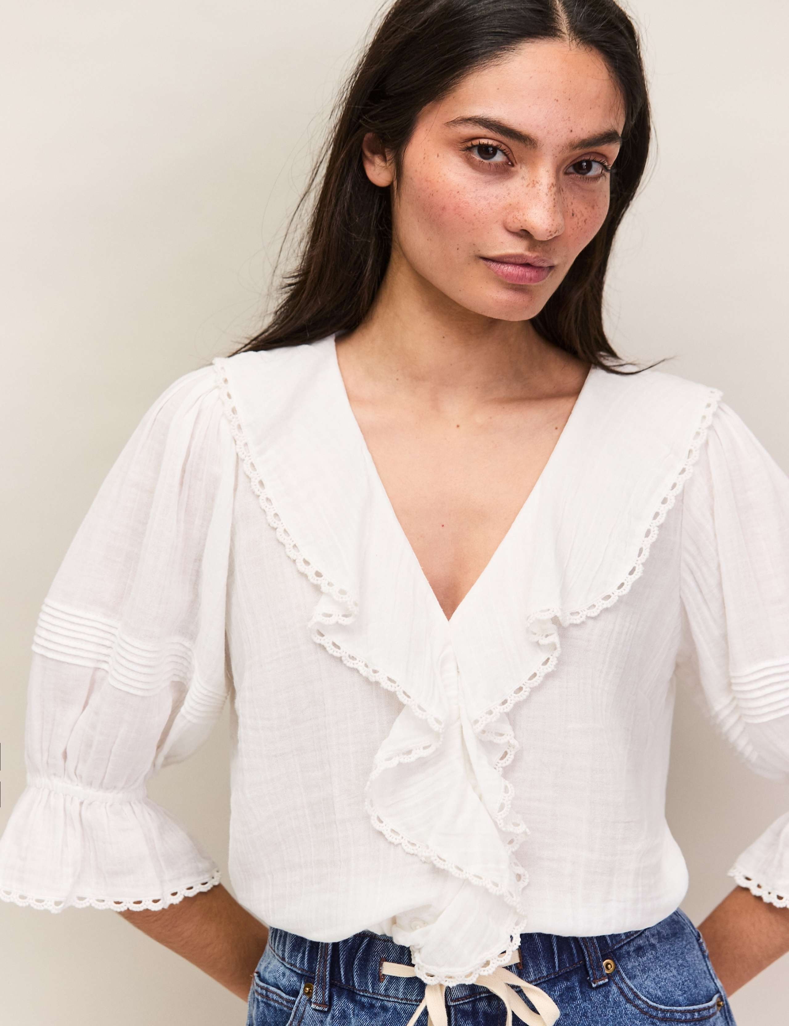 Pure Cotton V-Neck Ruffle Relaxed Blouse 3 of 6