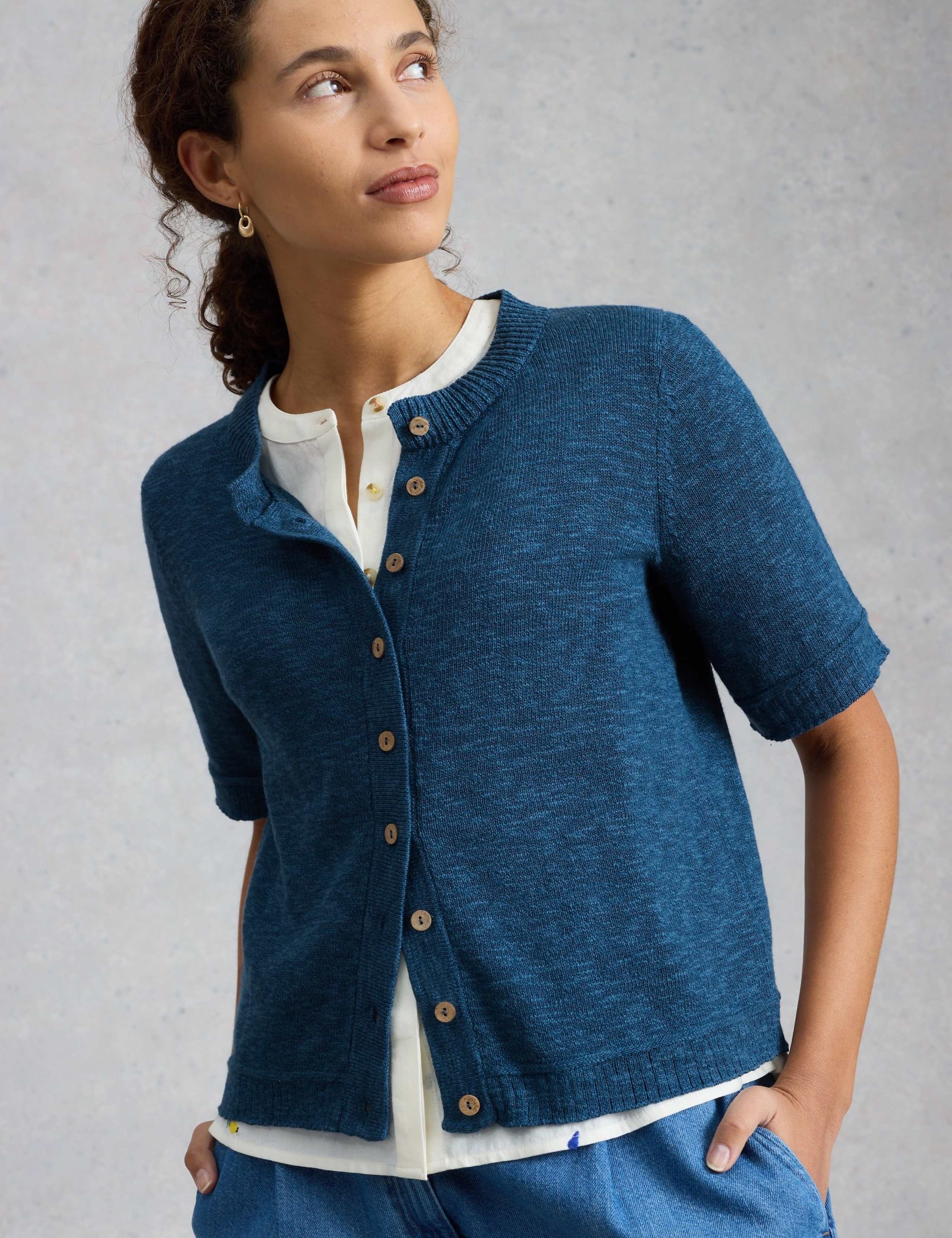 Cotton Rich Textured Crew Neck Cardigan 1 of 6