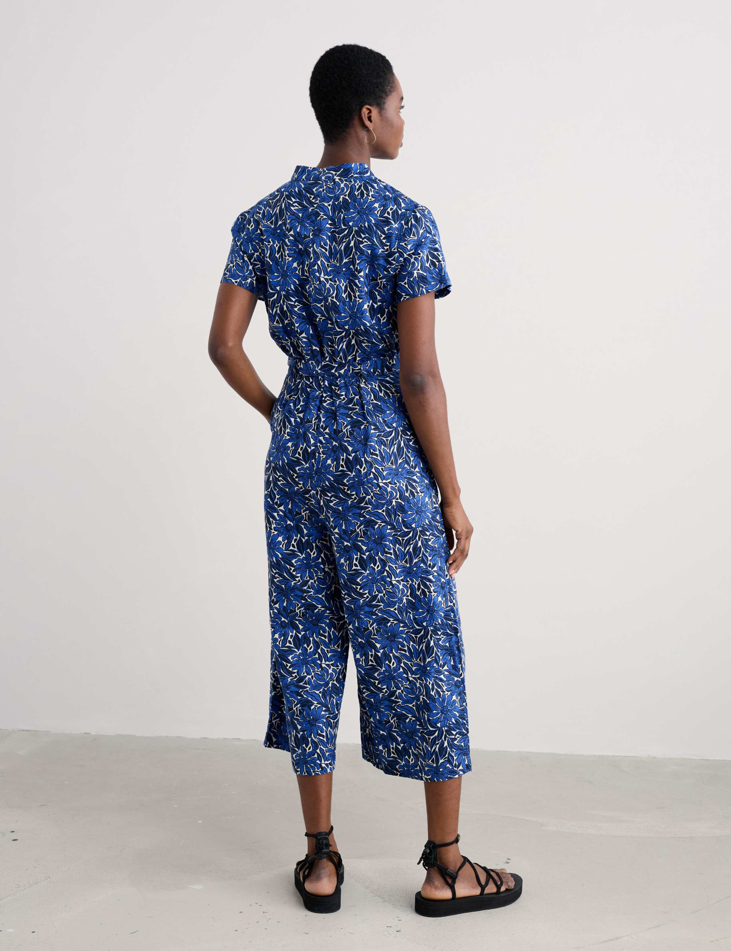 Pure Linen Floral V-Neck Cropped Jumpsuit 3 of 4