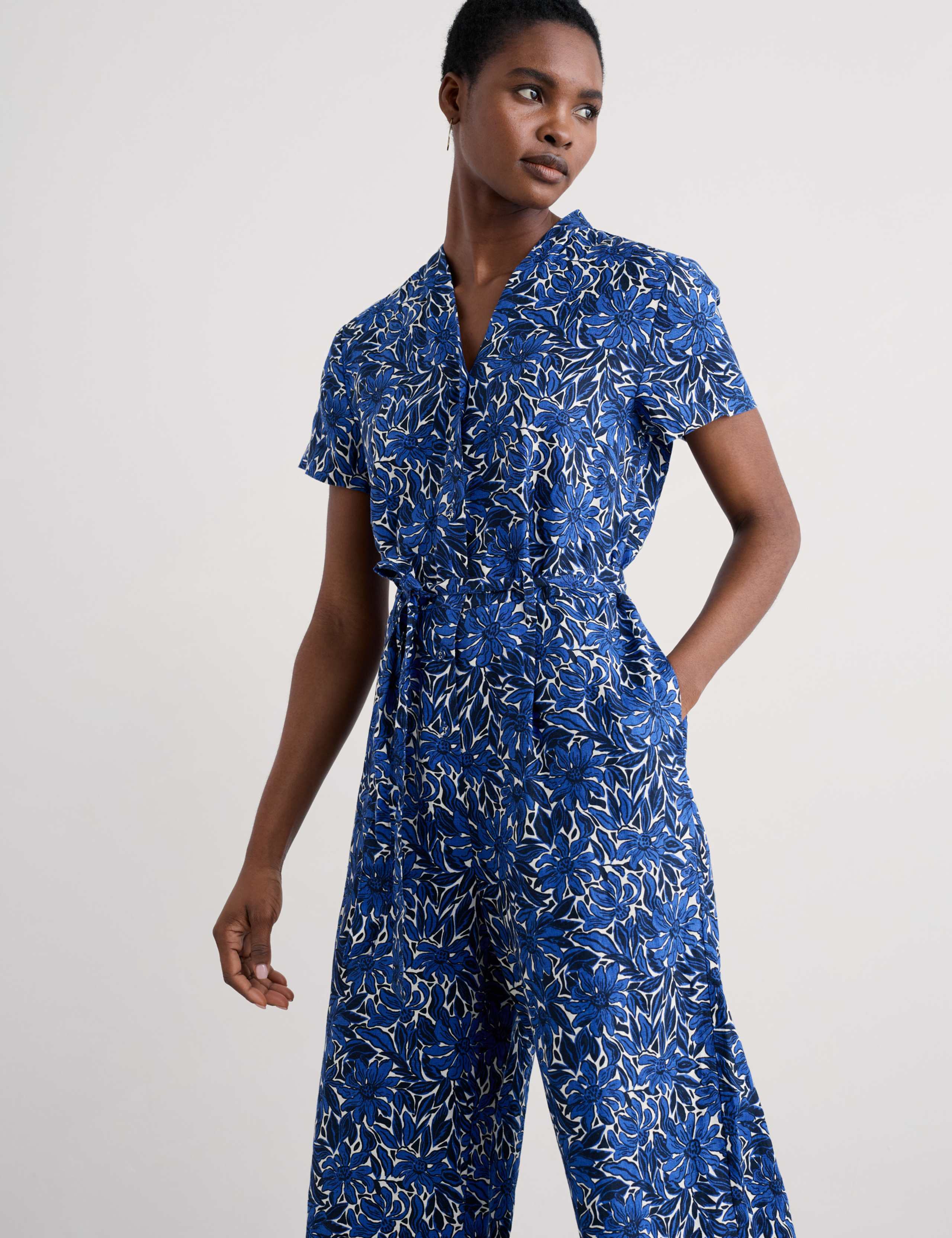 Pure Linen Floral V-Neck Cropped Jumpsuit 4 of 4