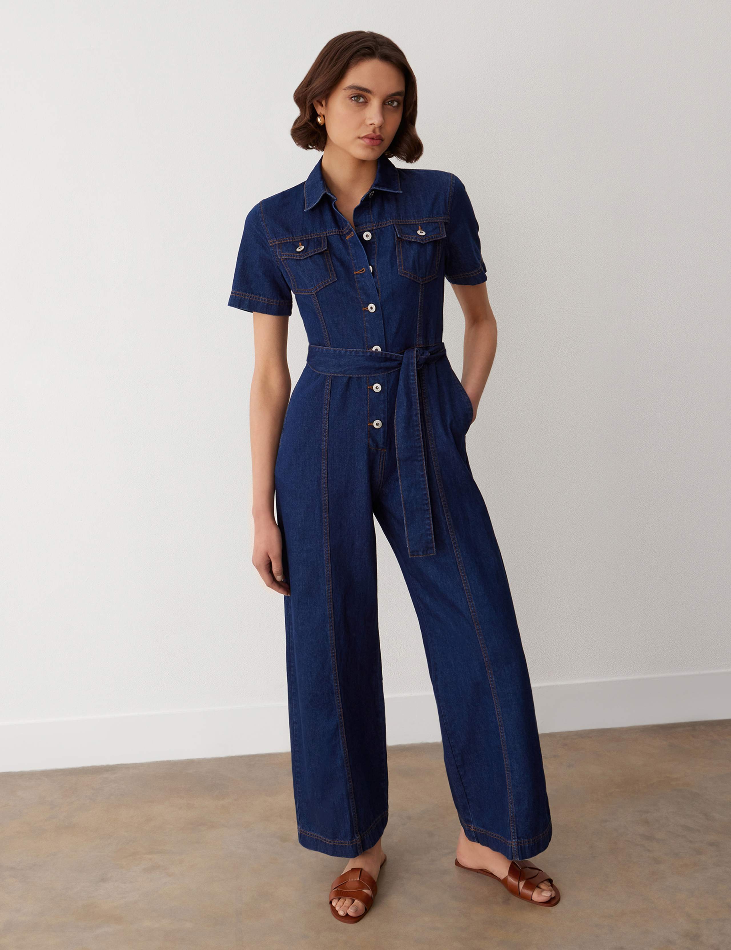Denim Belted Short Sleeve Jumpsuit 2 of 5