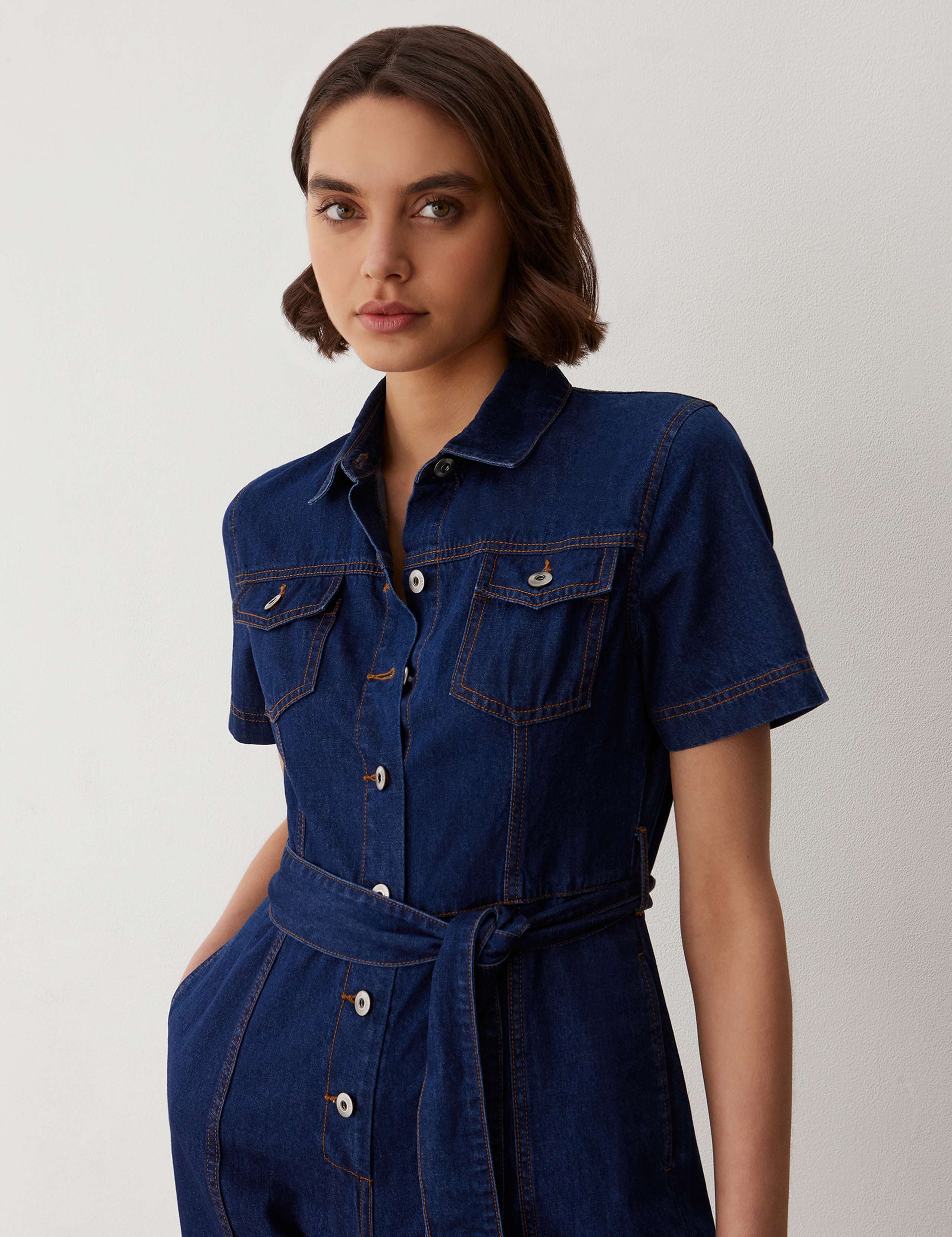 Denim Belted Short Sleeve Jumpsuit 3 of 5