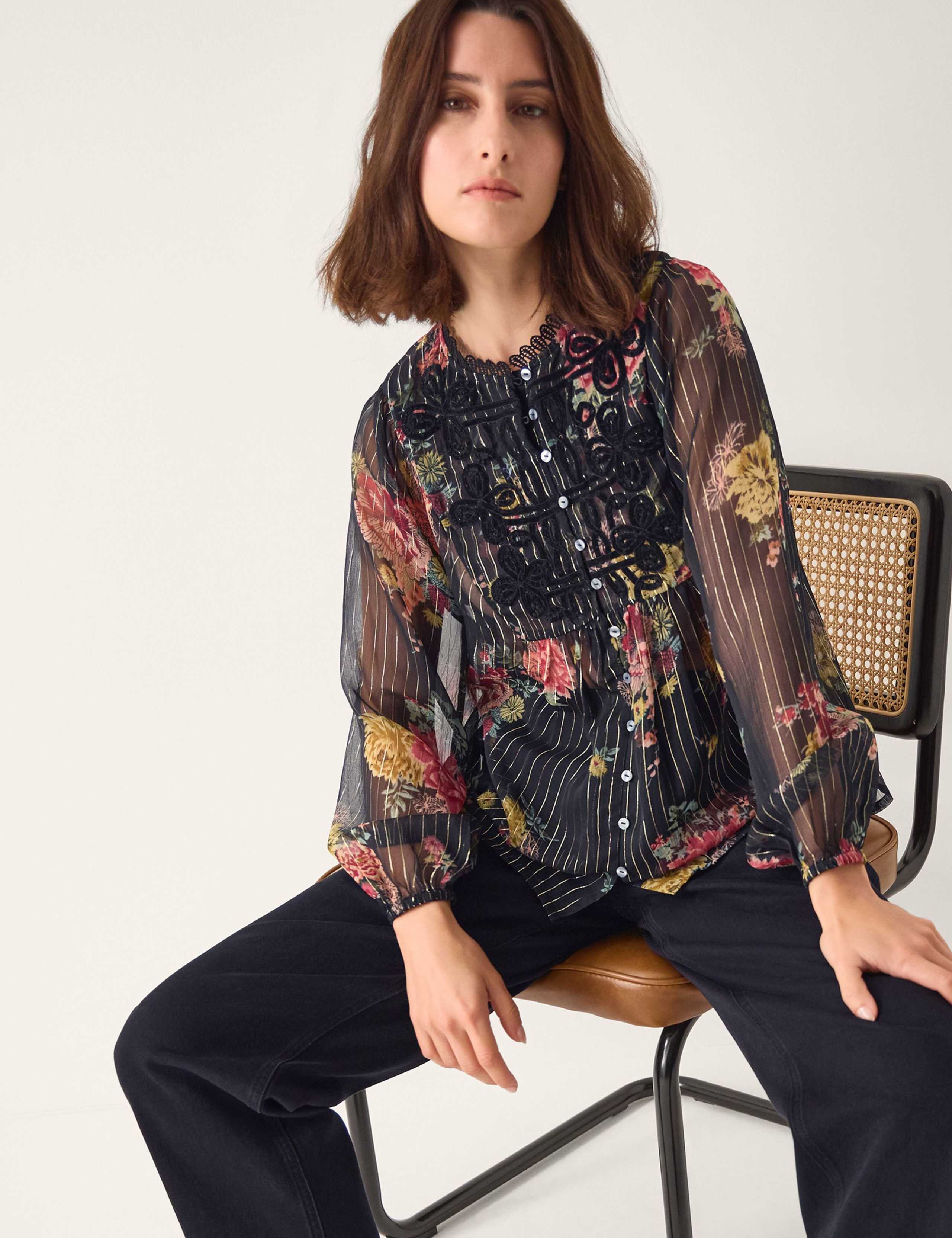 Sparkly Striped Floral Bib Detail Blouse 1 of 4