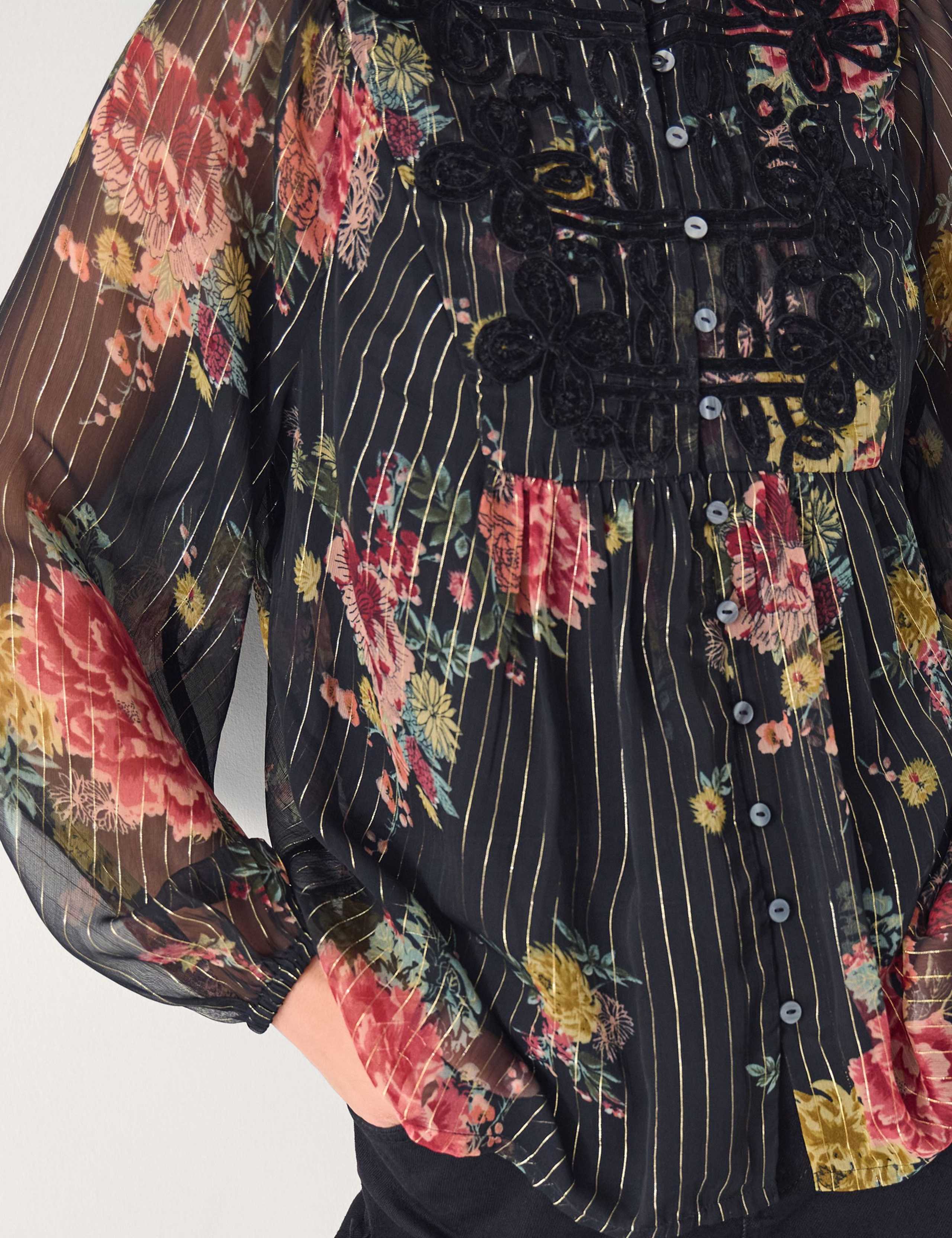 Sparkly Striped Floral Bib Detail Blouse 3 of 4