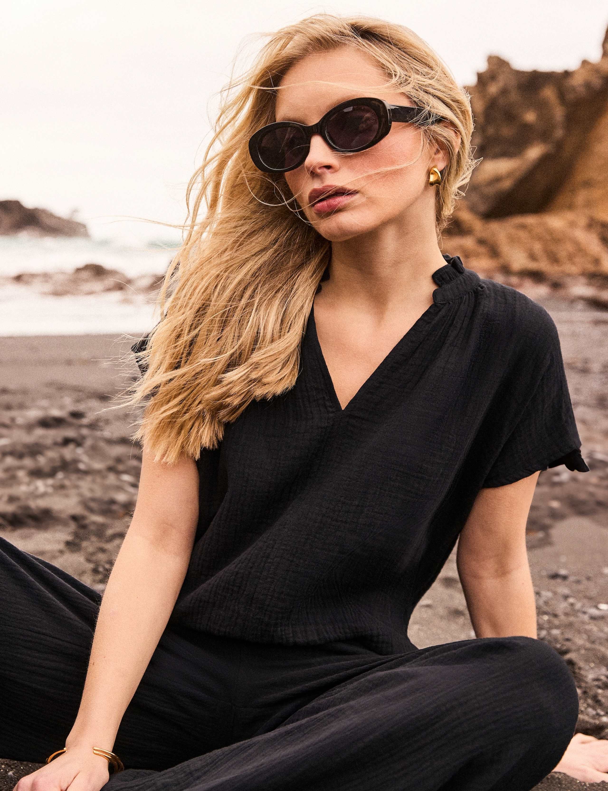 Pure Cotton V-Neck Frill Detail Relaxed Top 1 of 6