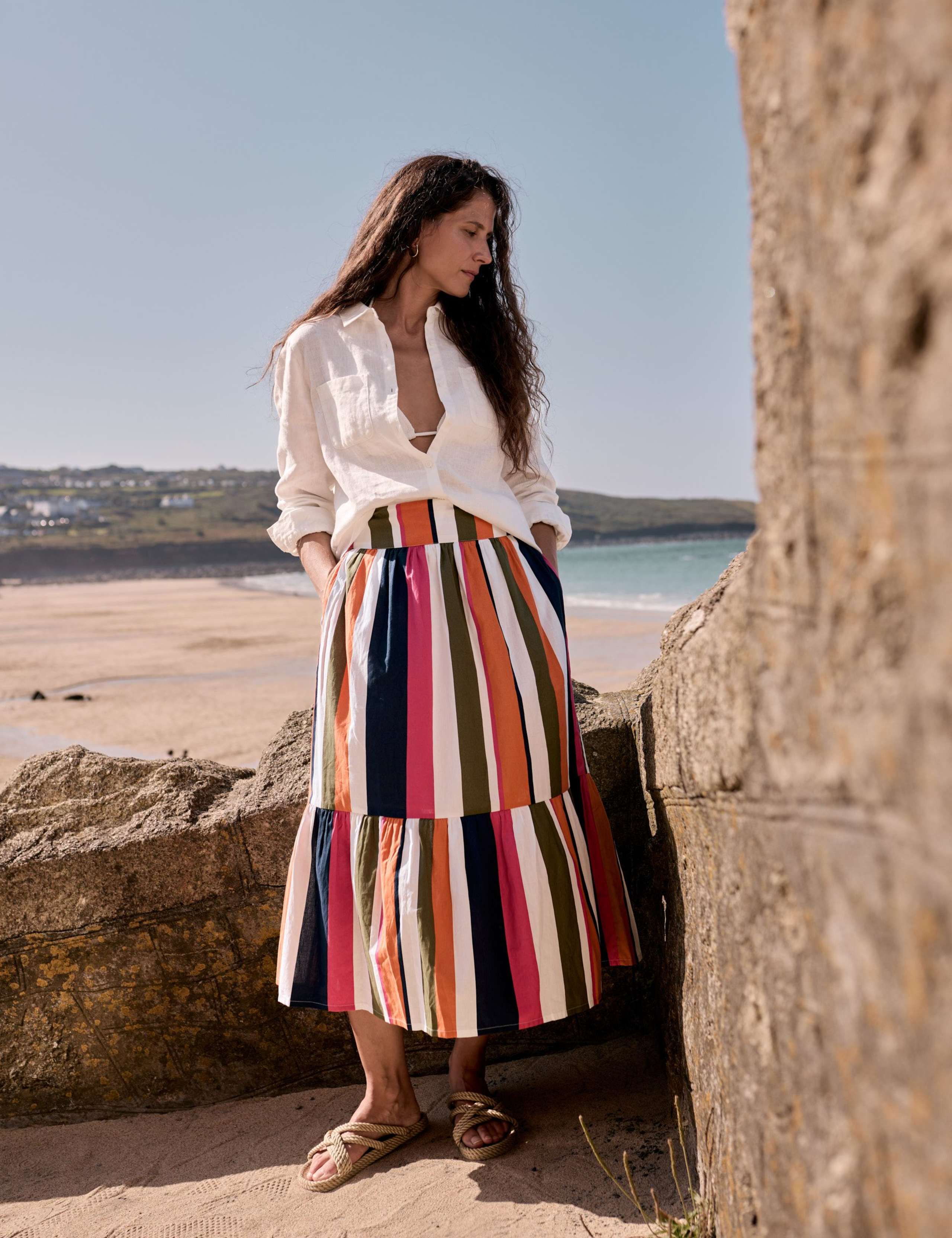 Pure Cotton Striped Midaxi Tiered Skirt 1 of 5