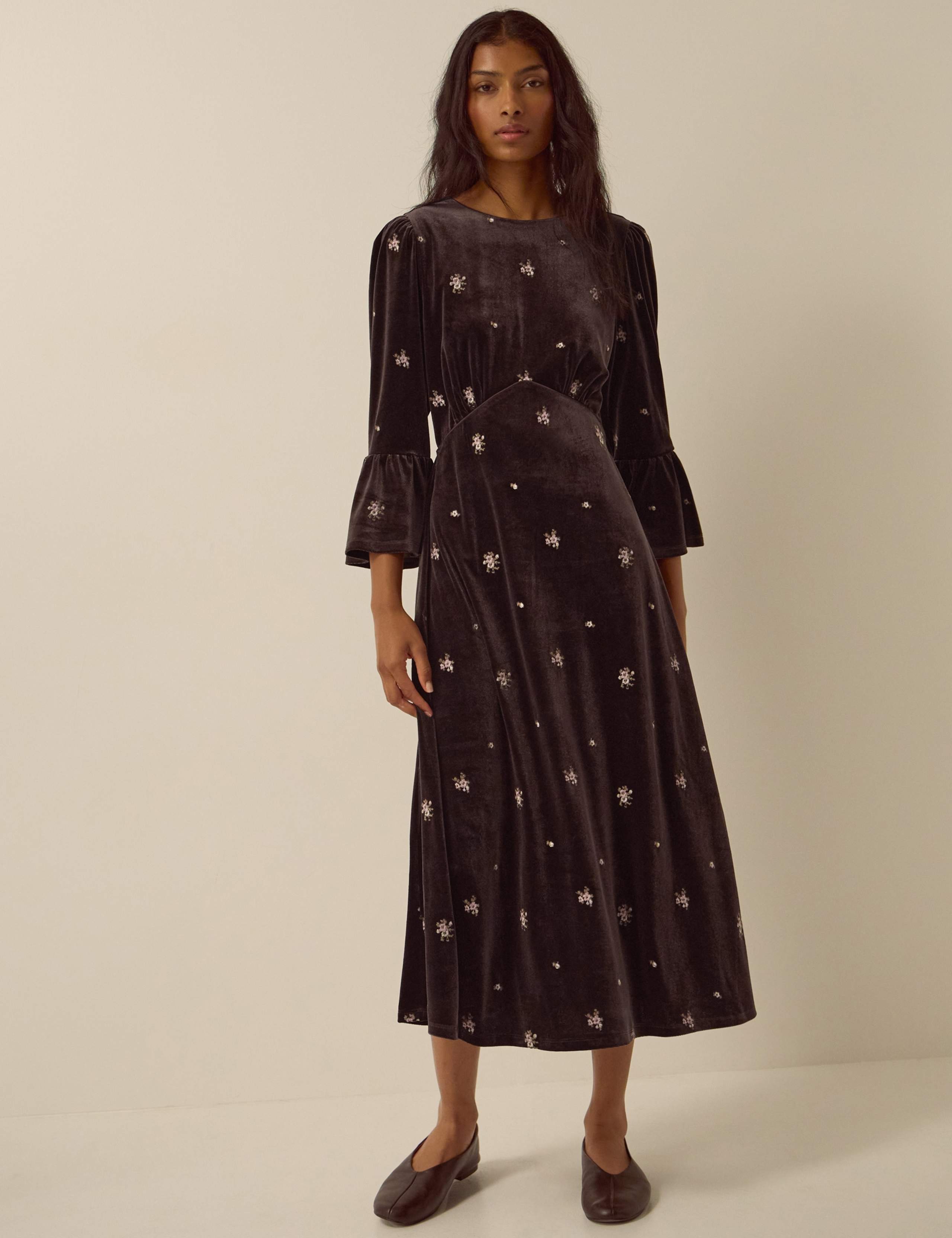 Velvet Embroidered Crew Neck Midi Dress 1 of 4